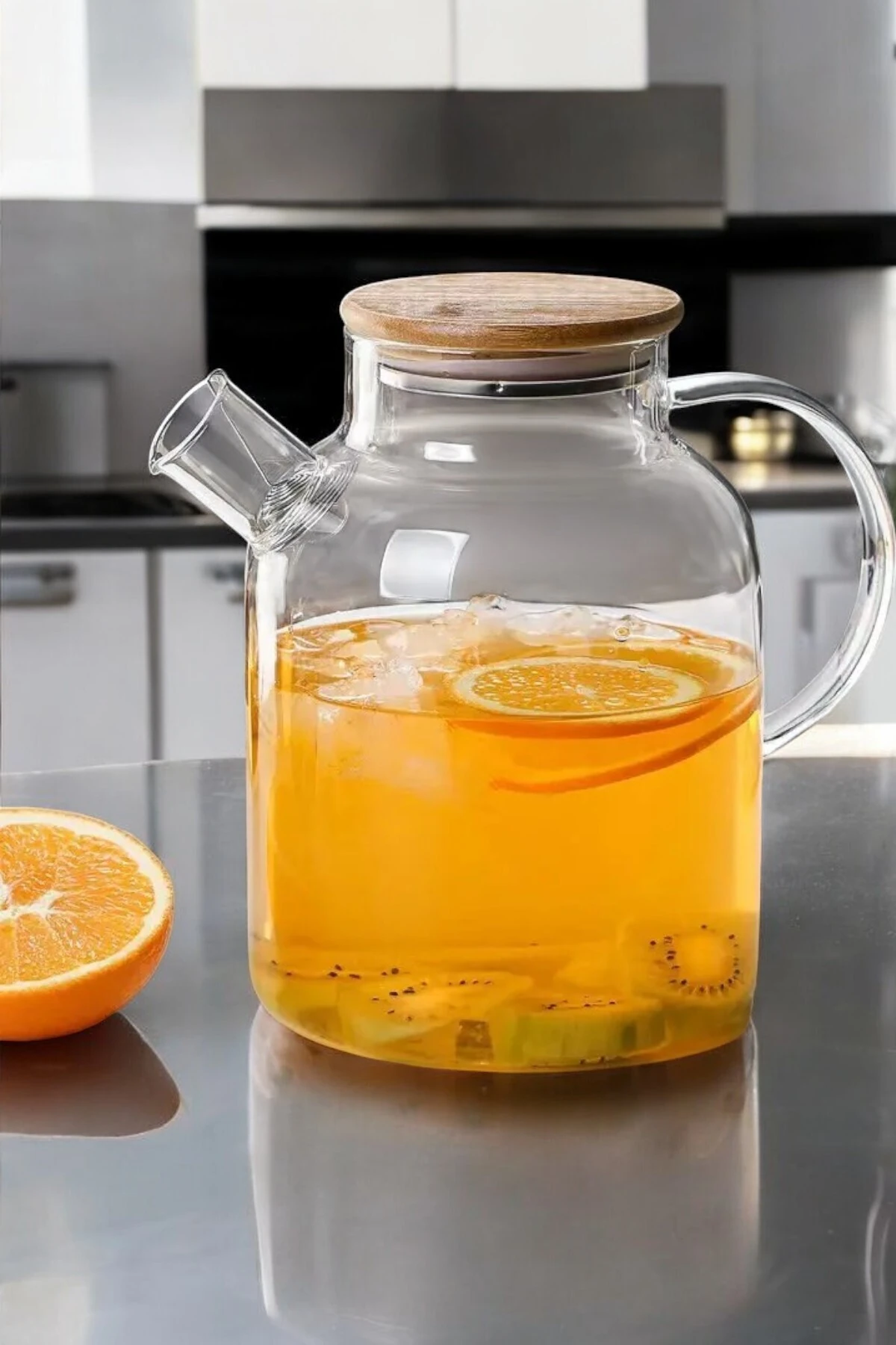 Ateşe Dayanıklı Bambu Kapaklı Süzgeçli Cam Bitki Çayı Demliği - 1800 ml