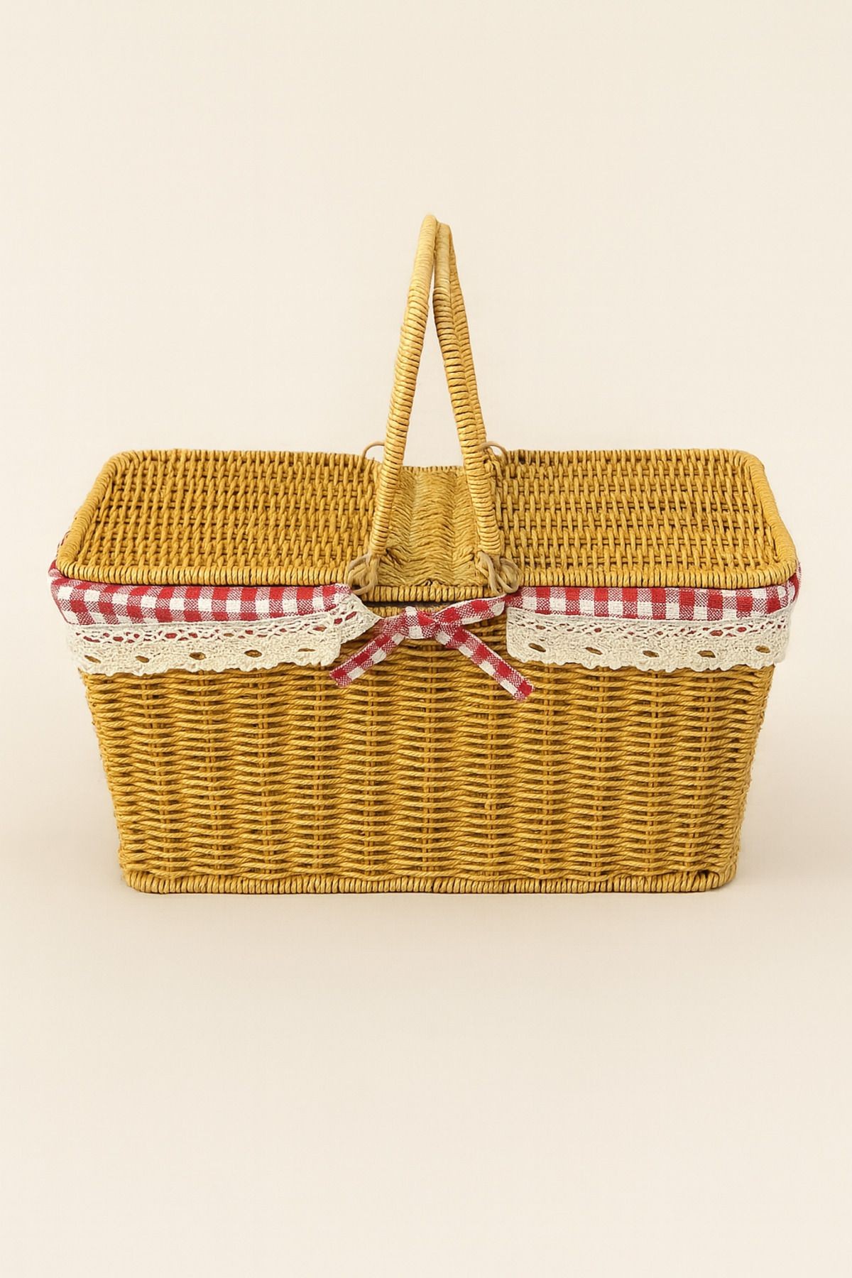 Kapaklı Rattan Piknik Sepeti Kulplu Vintage Dantelli Sepet 40x25x18 cm - turuncu