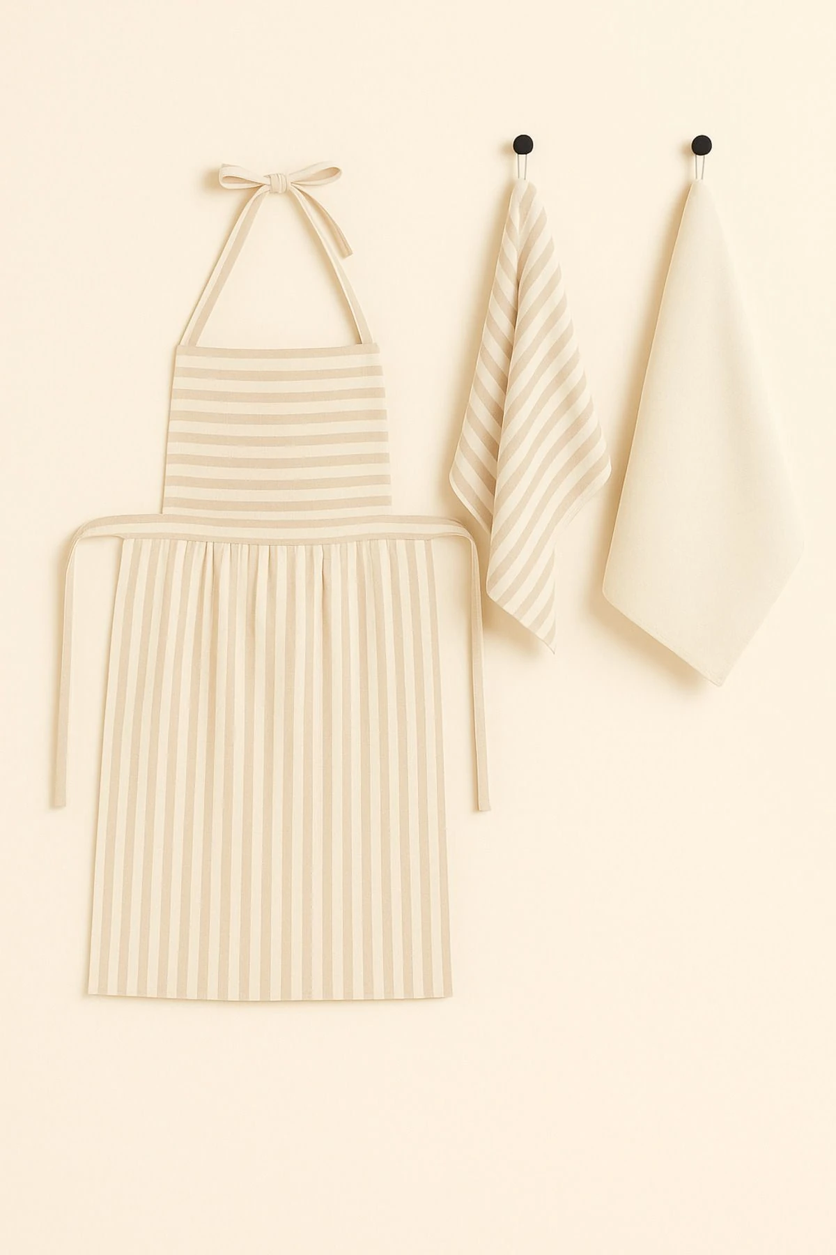 3’lü Çizgili Keten Mutfak Önlüğü ve Kurulama Bezi Seti - pudra