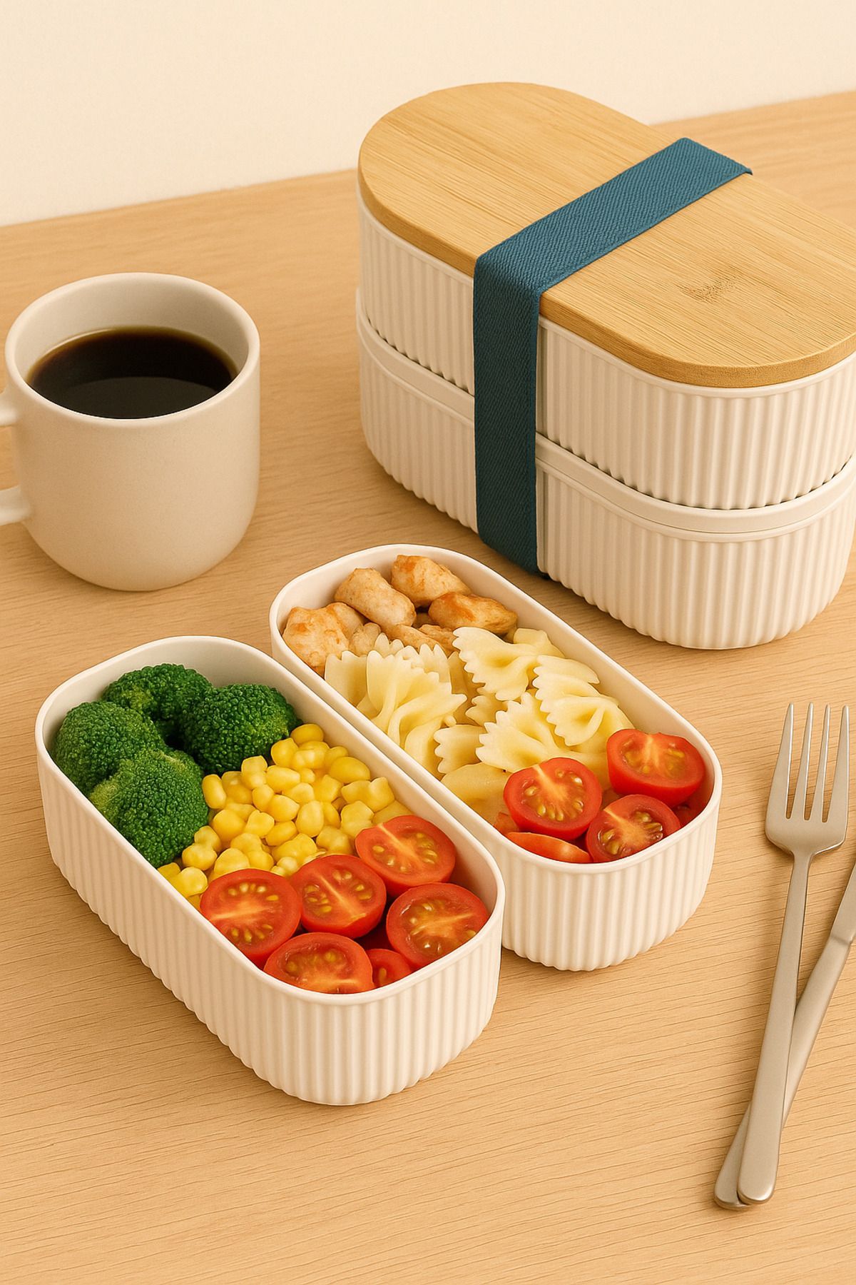 İkili Bambu Kapaklı Saklama Kabı – Taşınabilir Yemek Kabı Seti - krem
