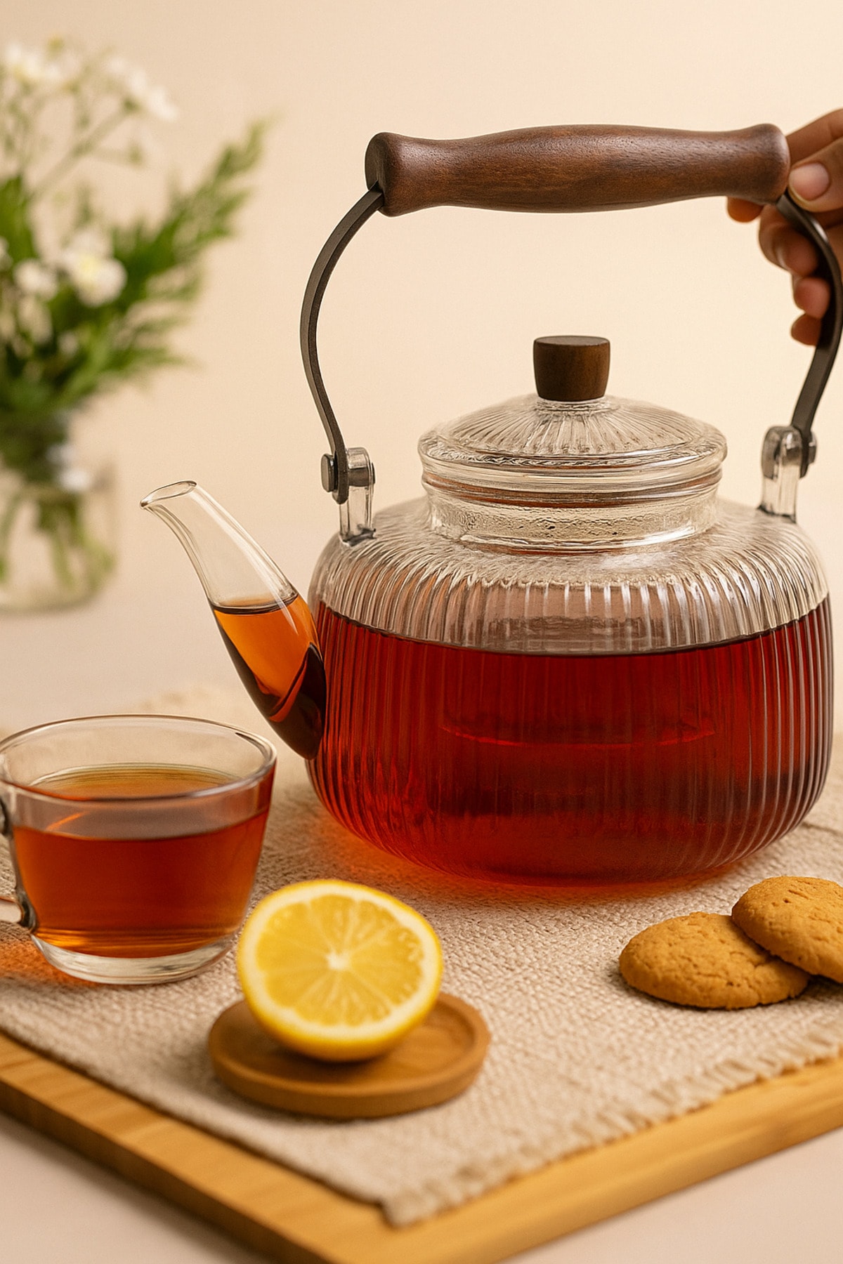 Isıya Dayanıklı Cam Demlik 1000 ml – Akasya Saplı Süzgeçli Çay Demliği