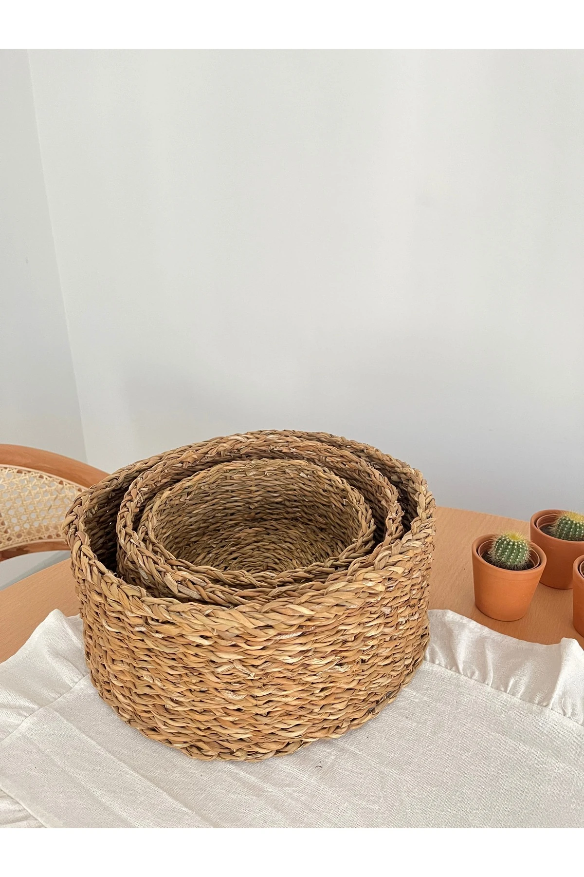 Doğal Yuvarlak Hasır Sepet Seti - 3'lü Hasır Sepet