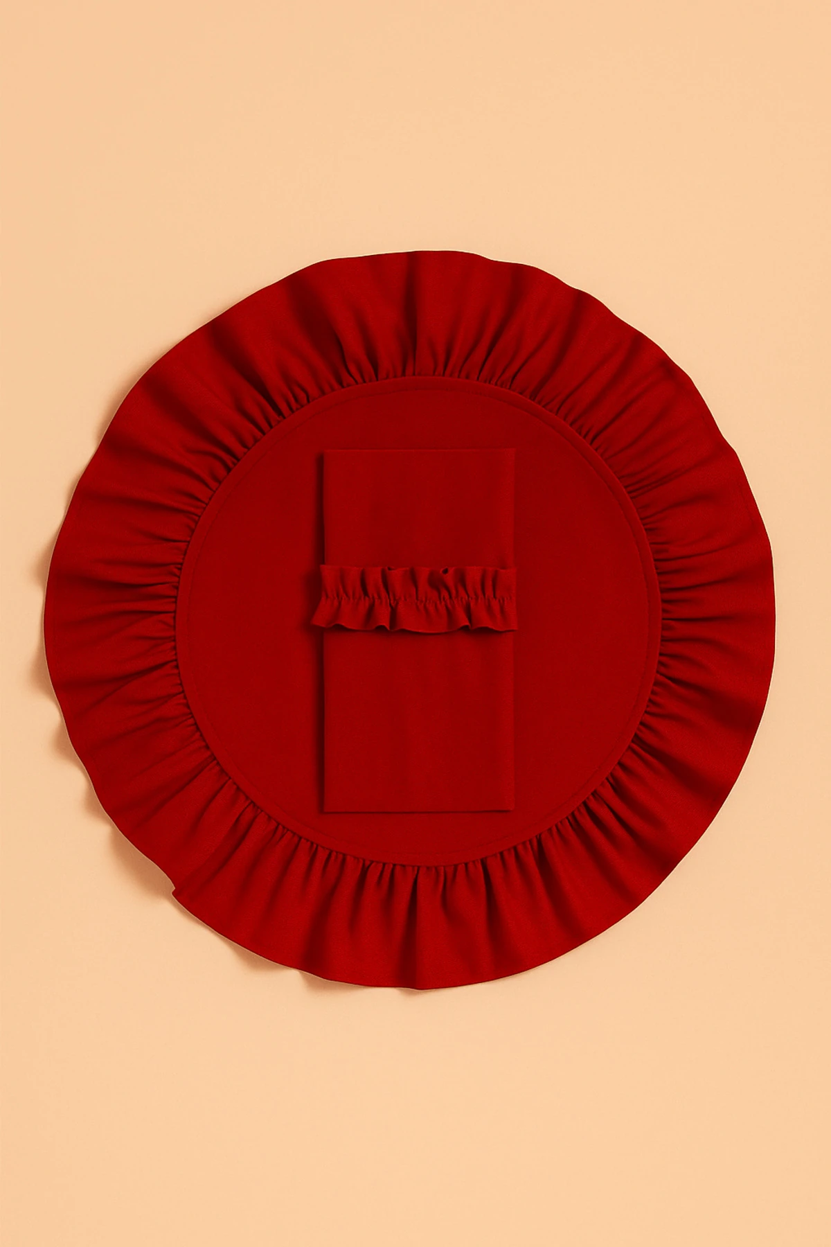 12’li Kırmızı Ham Keten Sofra Seti – Fırfırlı Amerikan Servis ve Kaşıklık / Peçetelik