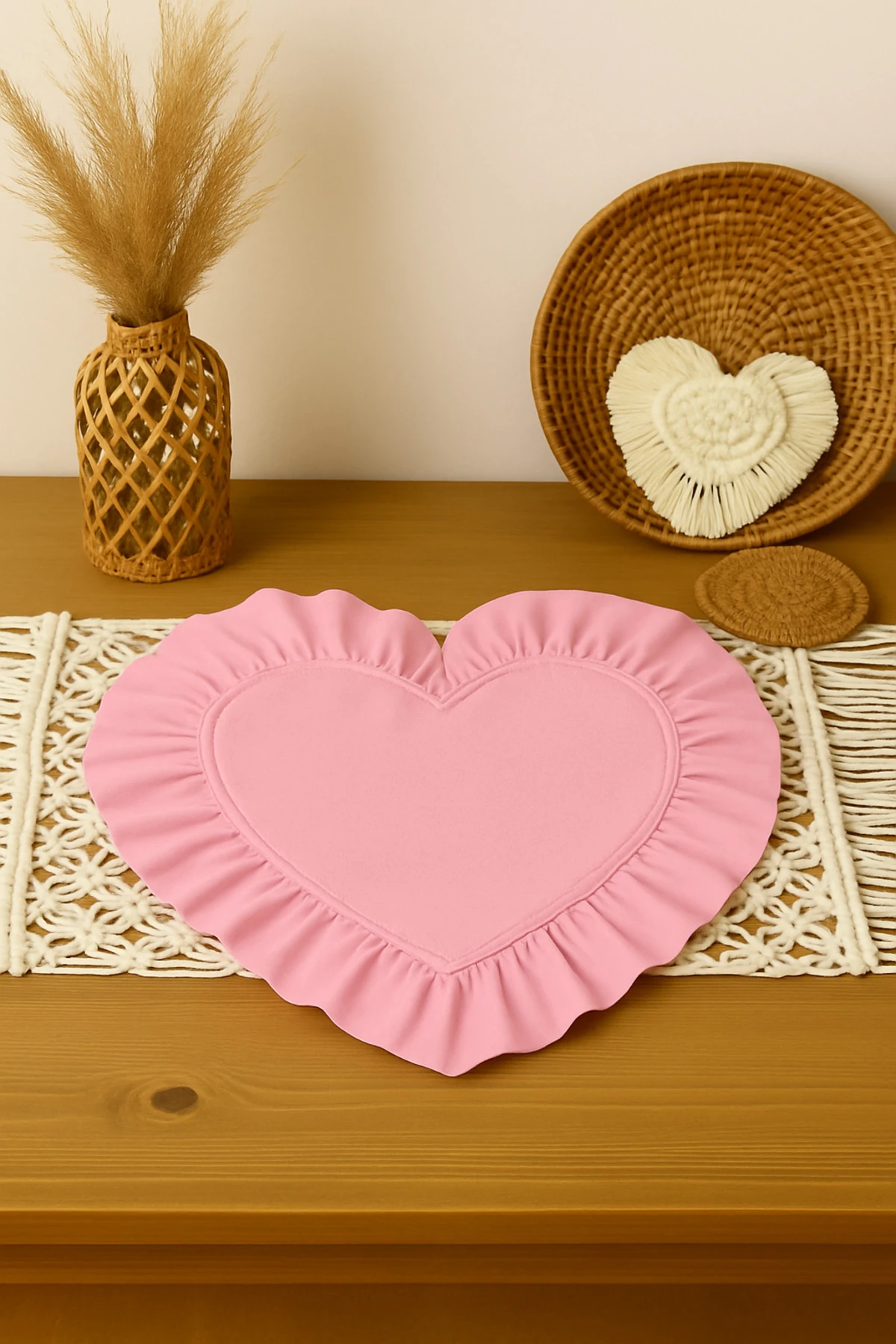 2’li Fırfırlı Kalp Amerikan Servis – Duck Keten Su Tutmaz Masa Sunum Seti - pembe