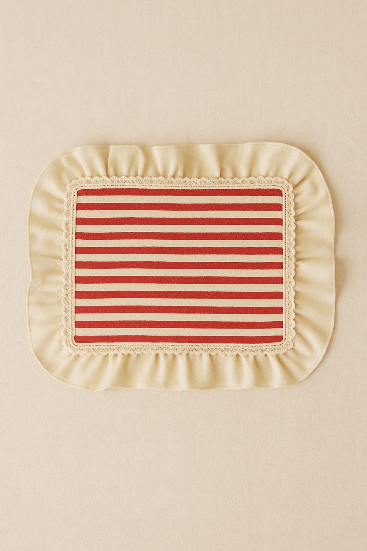 2’li Kırmızı Çizgili Fırfır Detaylı Keten Amerikan Servis Seti – 40x35 cm Supla