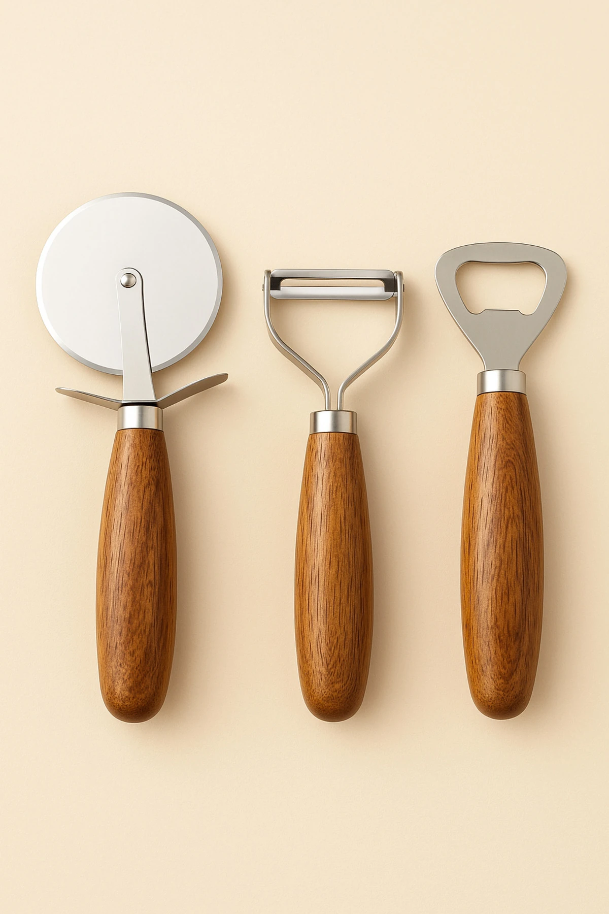 Akasya Saplı Paslanmaz 3’lü Mutfak Gereç Seti – Pizza Kesici, Soyacak, Şişe Açacağı