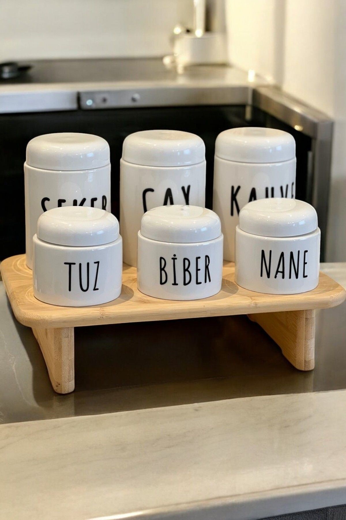 Bambu Standlı 6 lı Porselen Kavanoz Seti | Çay Kahve Şeker ve Baharatlık Kavanoz