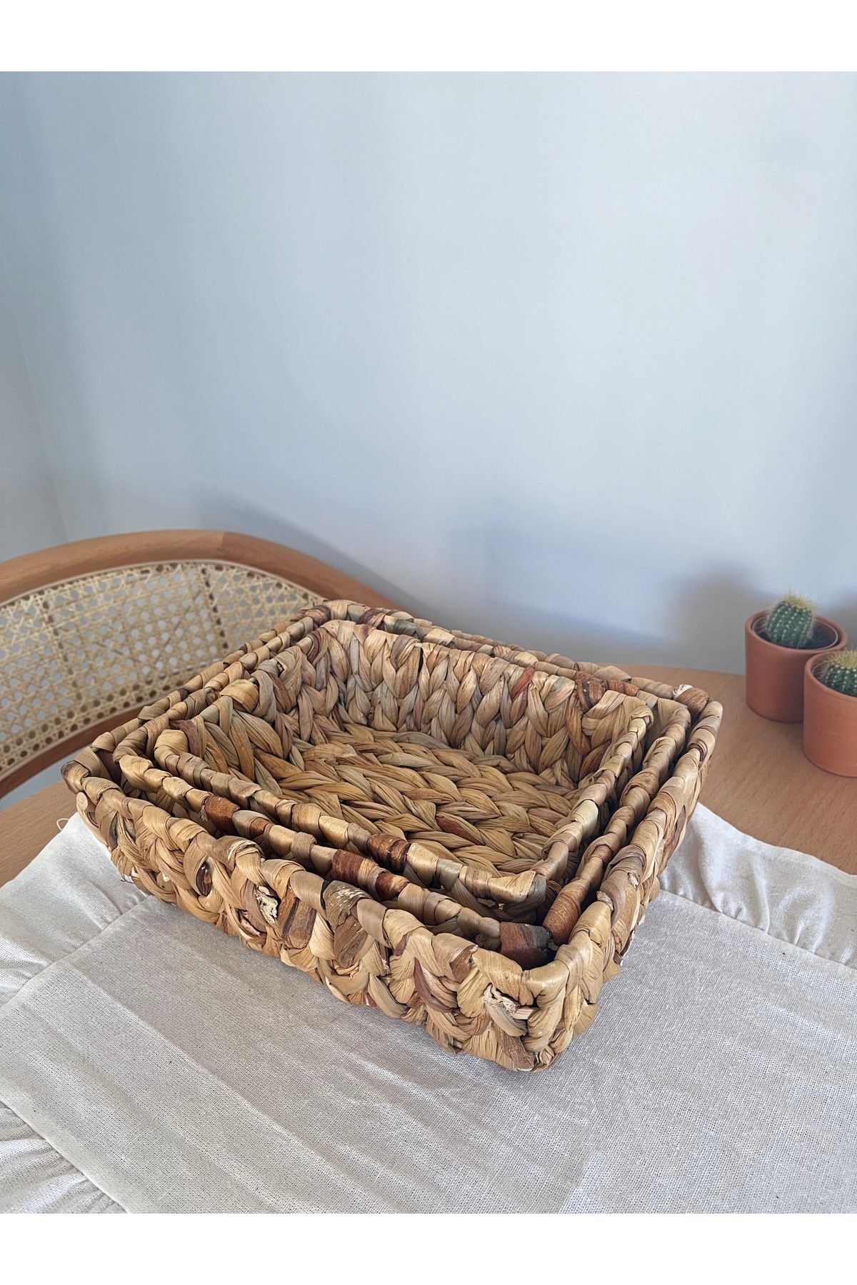 El Örgüsü Doğal Hasır Sepet Seti - 3'lü Dikdörtgen