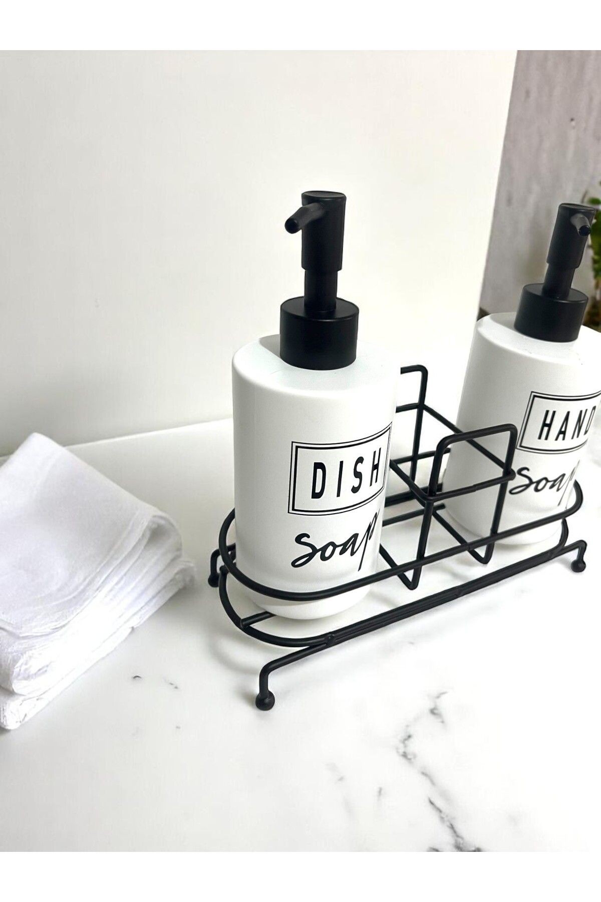 Standlı Mutfak Sıvı Sabunluk Seti – 2'li Seramik Sabunluk & Metal Stand