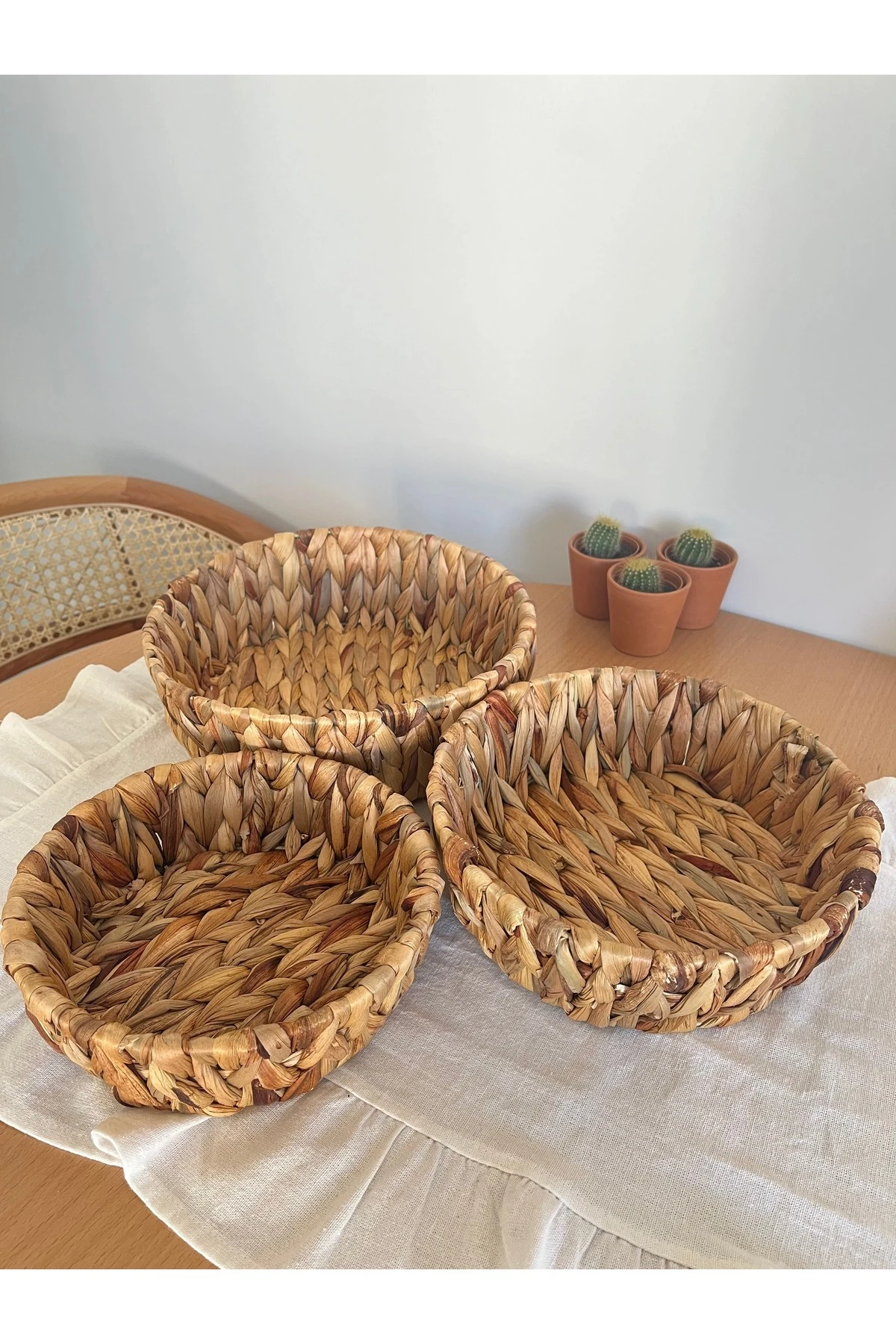 El Örgüsü Doğal Hasır Sepet Seti - 3'lü Yuvarlak