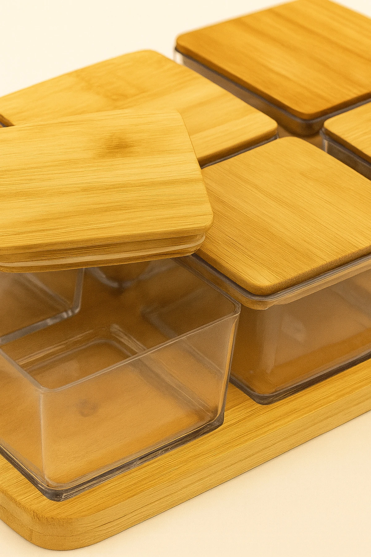 6’lı Akrilik Kahvaltılık Seti – Bambu Kapaklı ve Bambu Sunum Tabanlı Bölmeli Saklama Seti