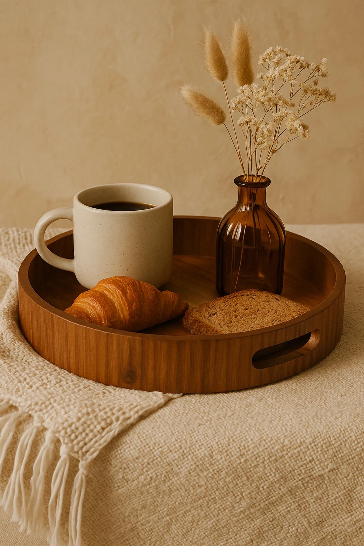 Akasya Ahşap Yuvarlak Tepsi 30 cm – Doğal Sunum ve Servis Tepsisi | Saplı Ahşap Tepsi