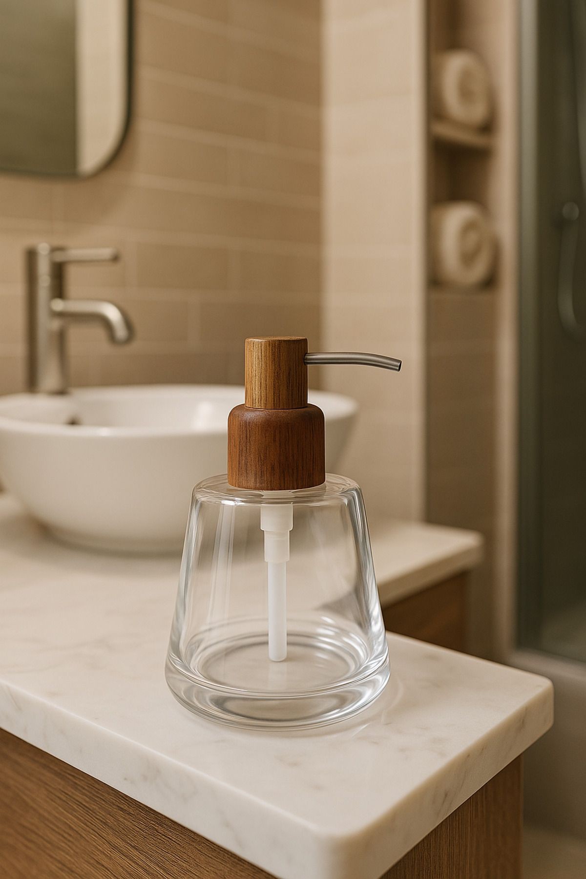 Akasya Kapaklı Cam Sıvı Sabunluk – Şık Banyo ve Mutfak Sabunluk
