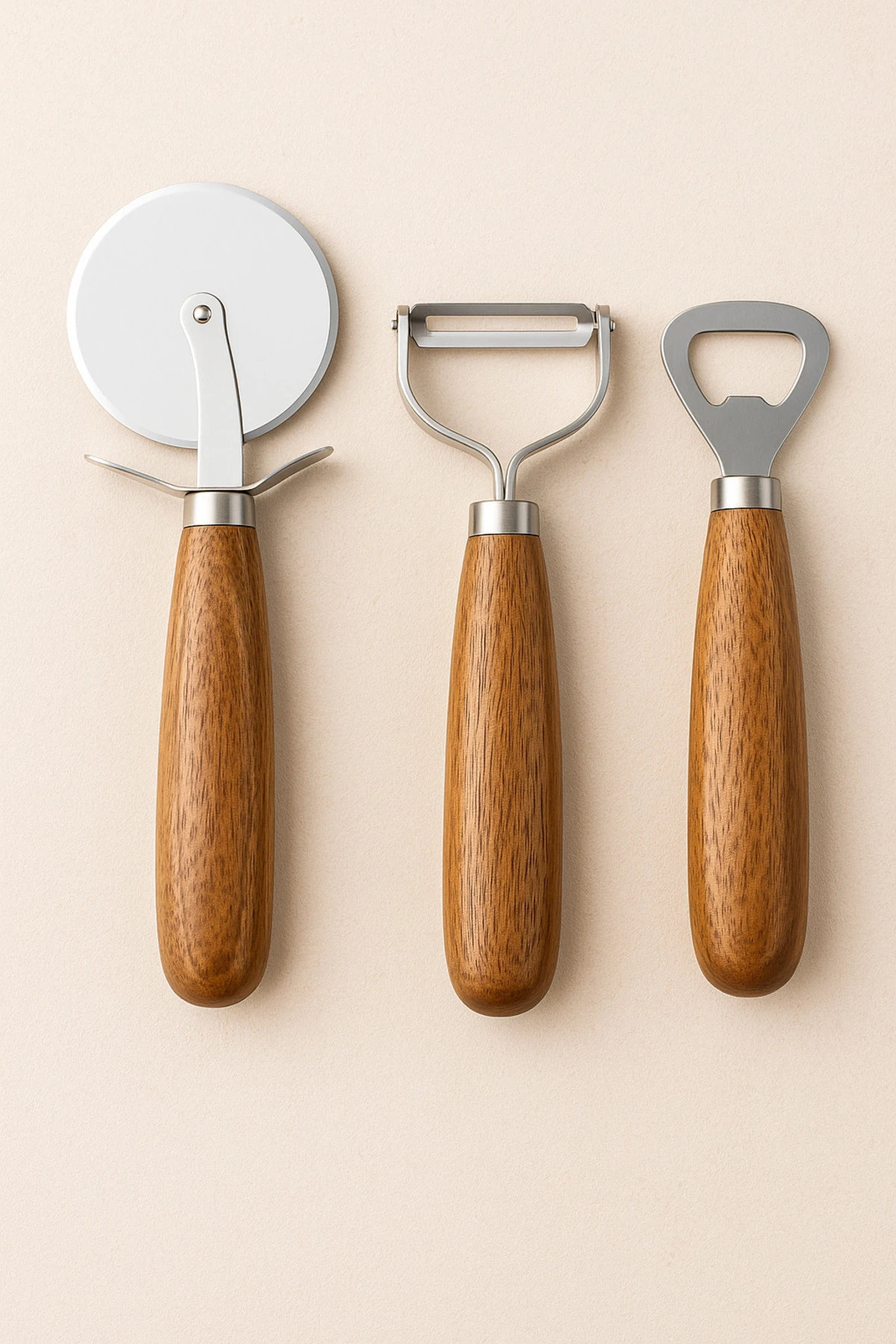 Akasya Saplı Paslanmaz 3’lü Mutfak Gereç Seti – Pizza Kesici, Soyacak, Şişe Açacağı