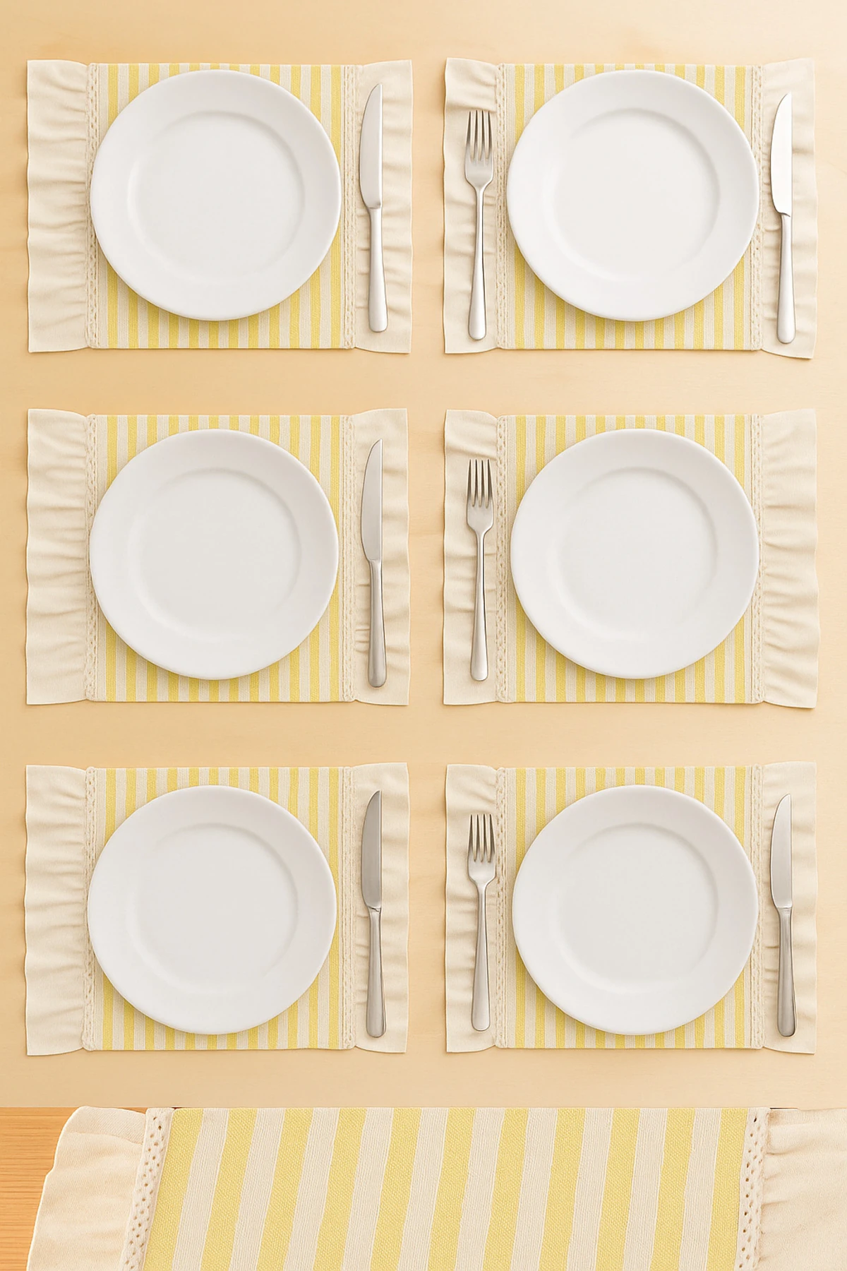 Sarı Çizgili Fırfır Detaylı Keten Amerikan Servis 2’li Set