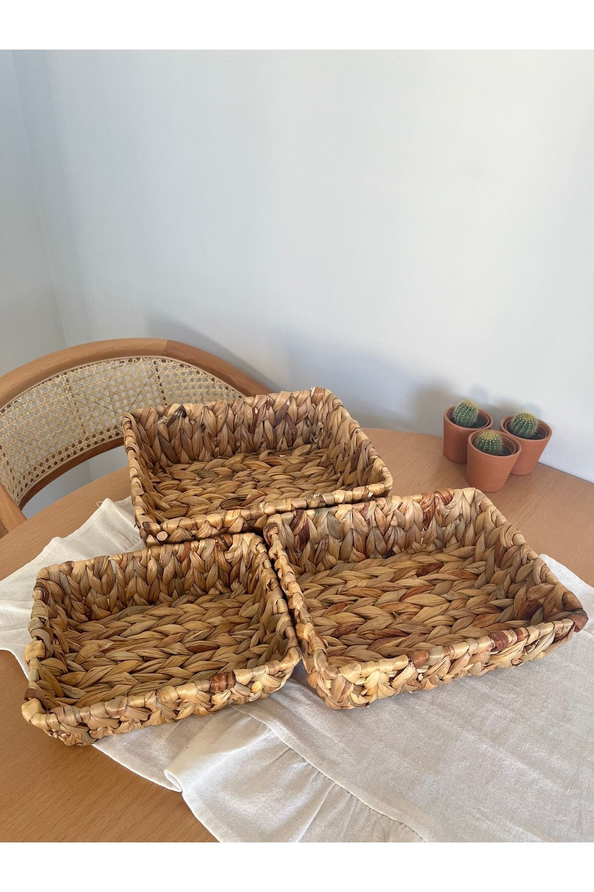 El Örgüsü Doğal Hasır Sepet Seti - 3'lü Dikdörtgen