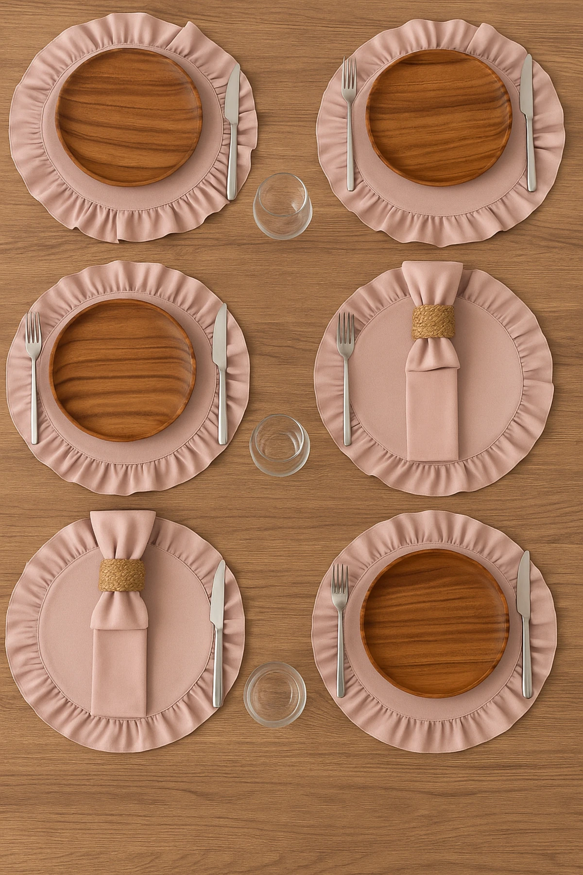 6'lı Kırmızı Fırfırlı Pamuk Keten Supla Seti | Amerikan Servis Takımı - pembe