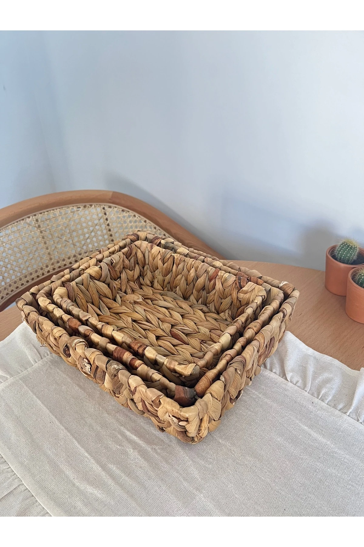 El Örgüsü Doğal Hasır Sepet Seti - 3'lü Dikdörtgen