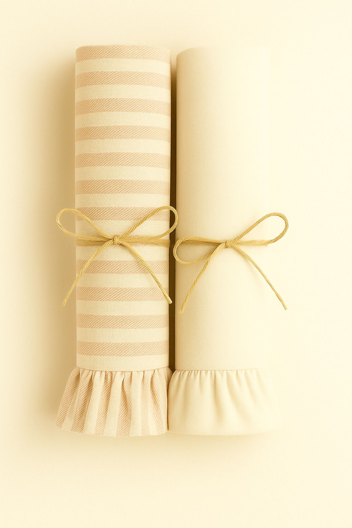 Fırfırlı Mutfak Kurulama Bezi 2’li Set – Çizgili & Keten Görünümlü - pudra