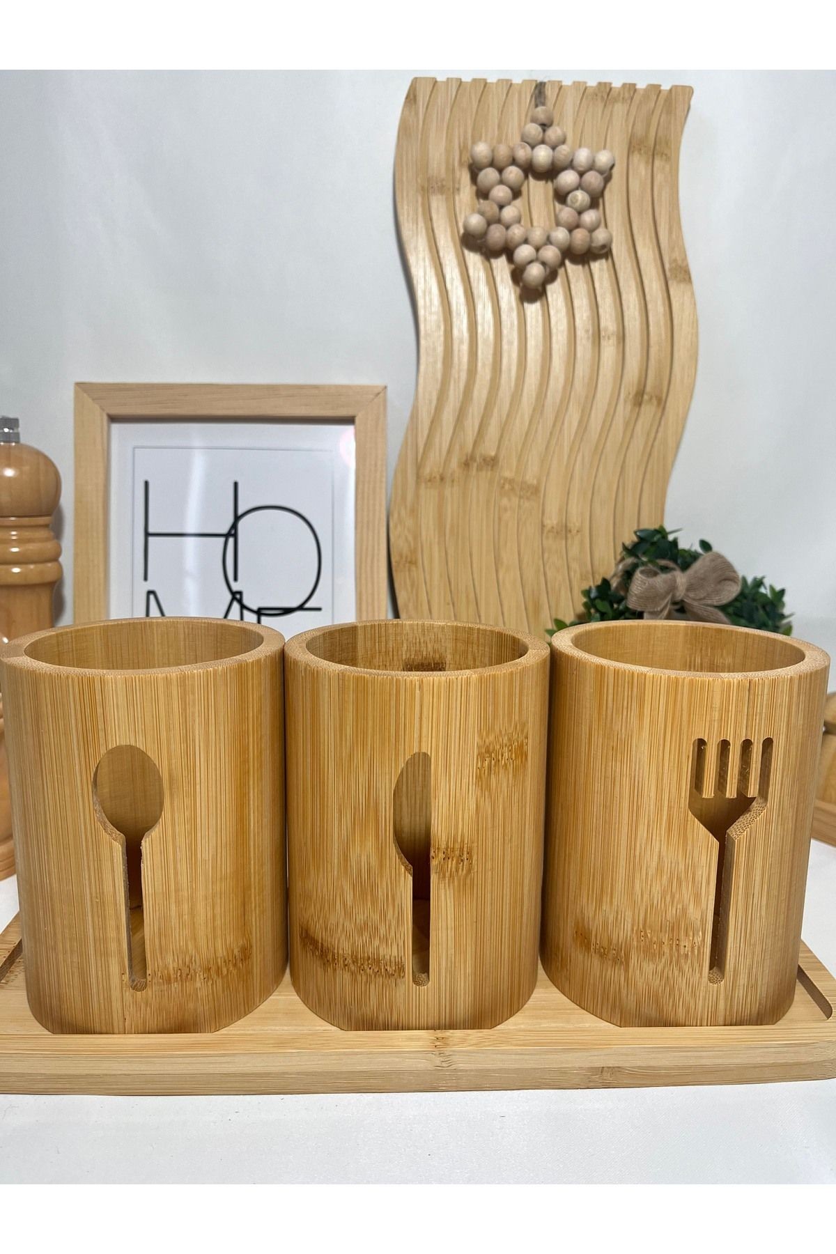 Bambu Çatal Kaşık Bıçak Düzenleyici Seti | 3 Bölmeli Doğal Mutfak Organizer