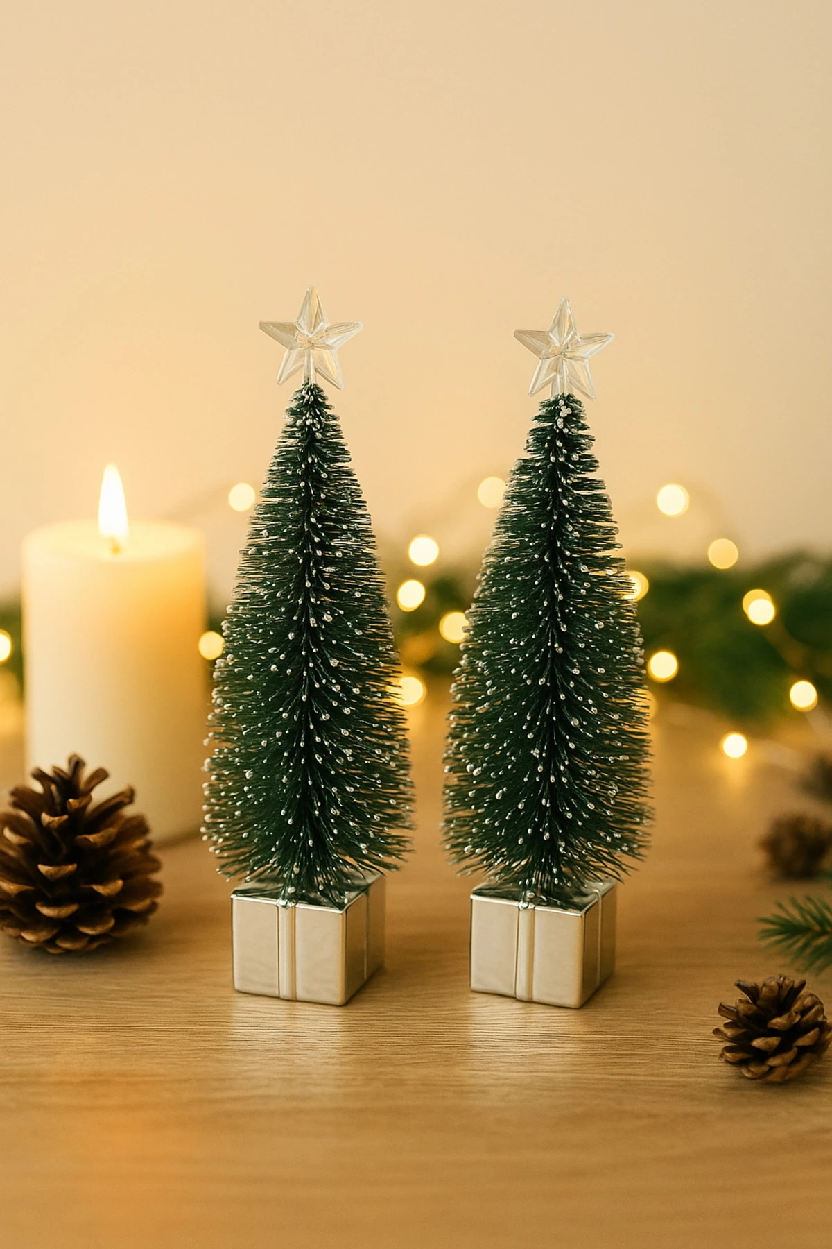 2’li Işıklı Mini Çam Ağacı Dekor – Yılbaşı Masa Süsü ve Hediyelik - gümüş