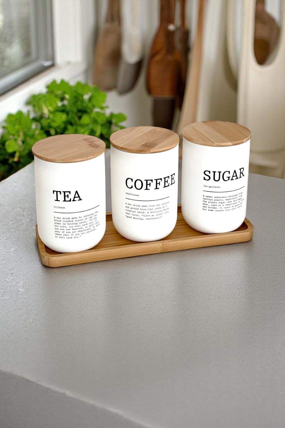 Bambu Standlı 3’lü Beyaz Cam Kavanoz Seti – 1000 ml Çay Kahve Şeker Kavanozu