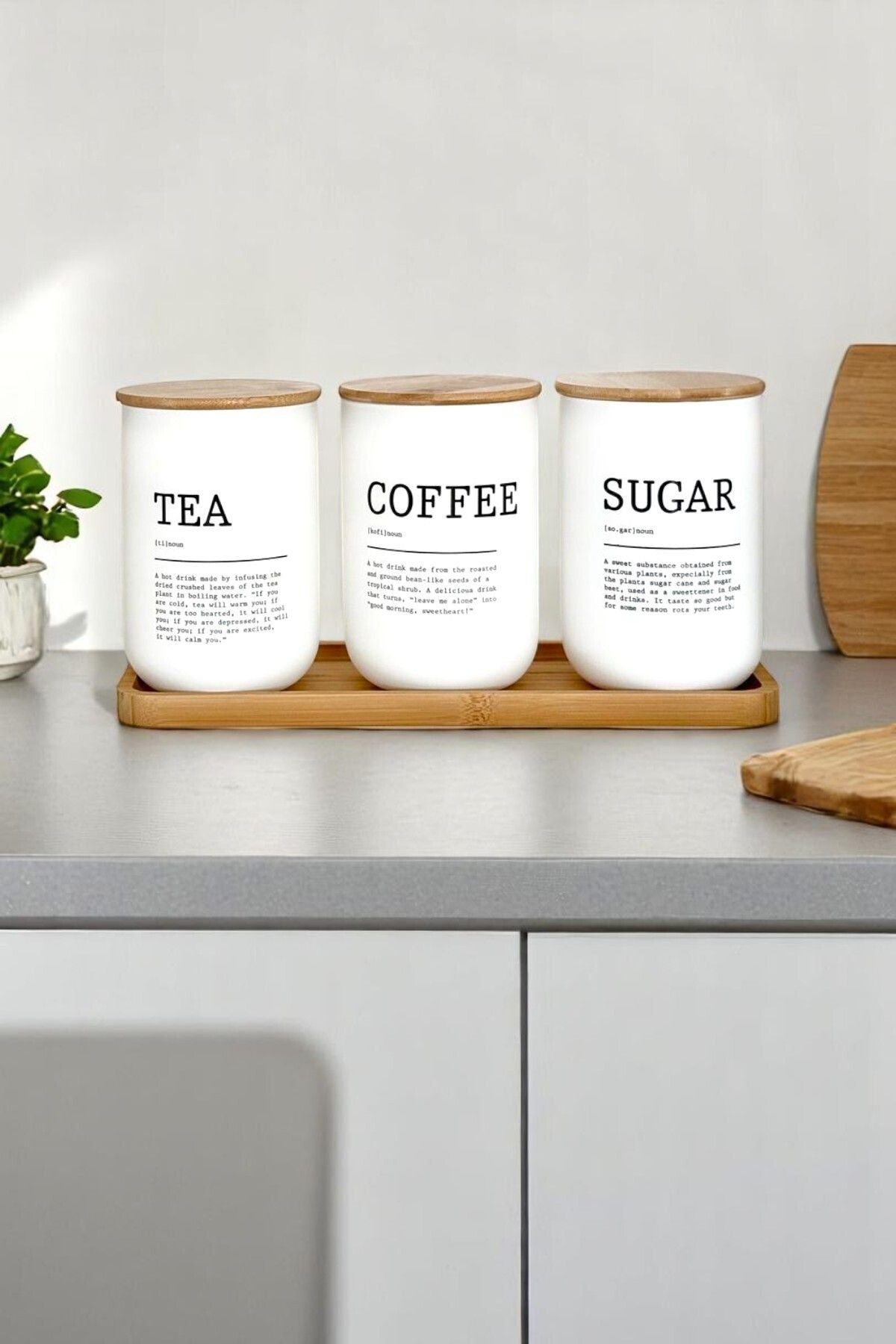 Bambu Standlı 3’lü Beyaz Cam Kavanoz Seti – 1000 ml Çay Kahve Şeker Kavanozu