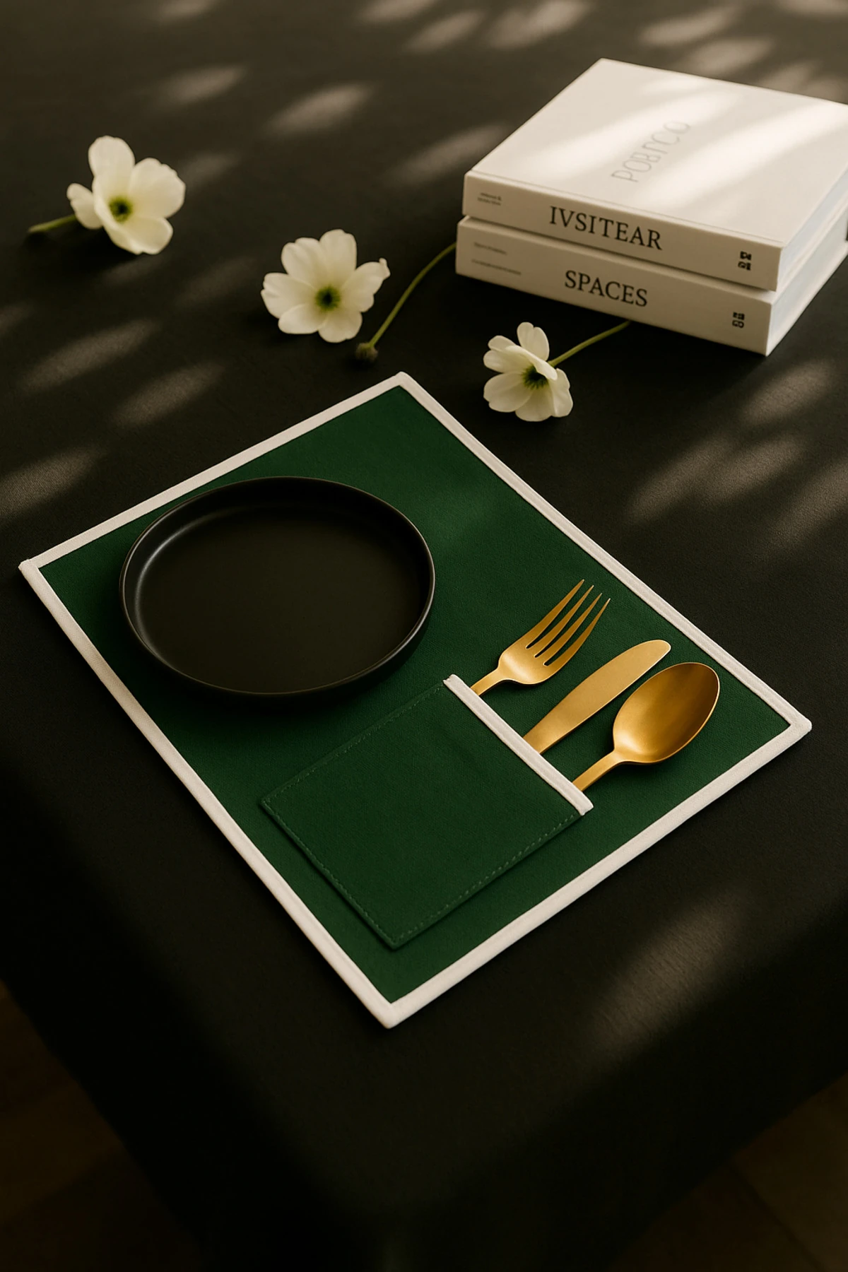 6'lı Biyeli Amerikan Servis Seti | Cep Detaylı Şık Sofra Altlığı - Yeşil