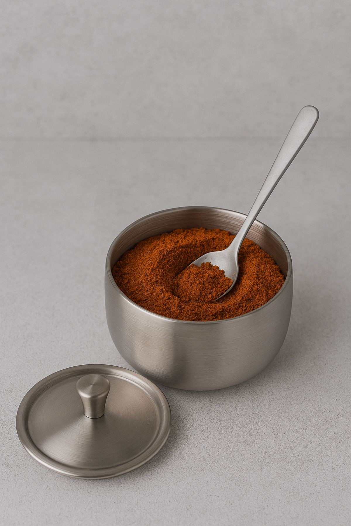 Gümüş Renk Paslanmaz Çelik Kapaklı Şekerlik – 400 ml Yuvarlak Metal Baharat Kabı