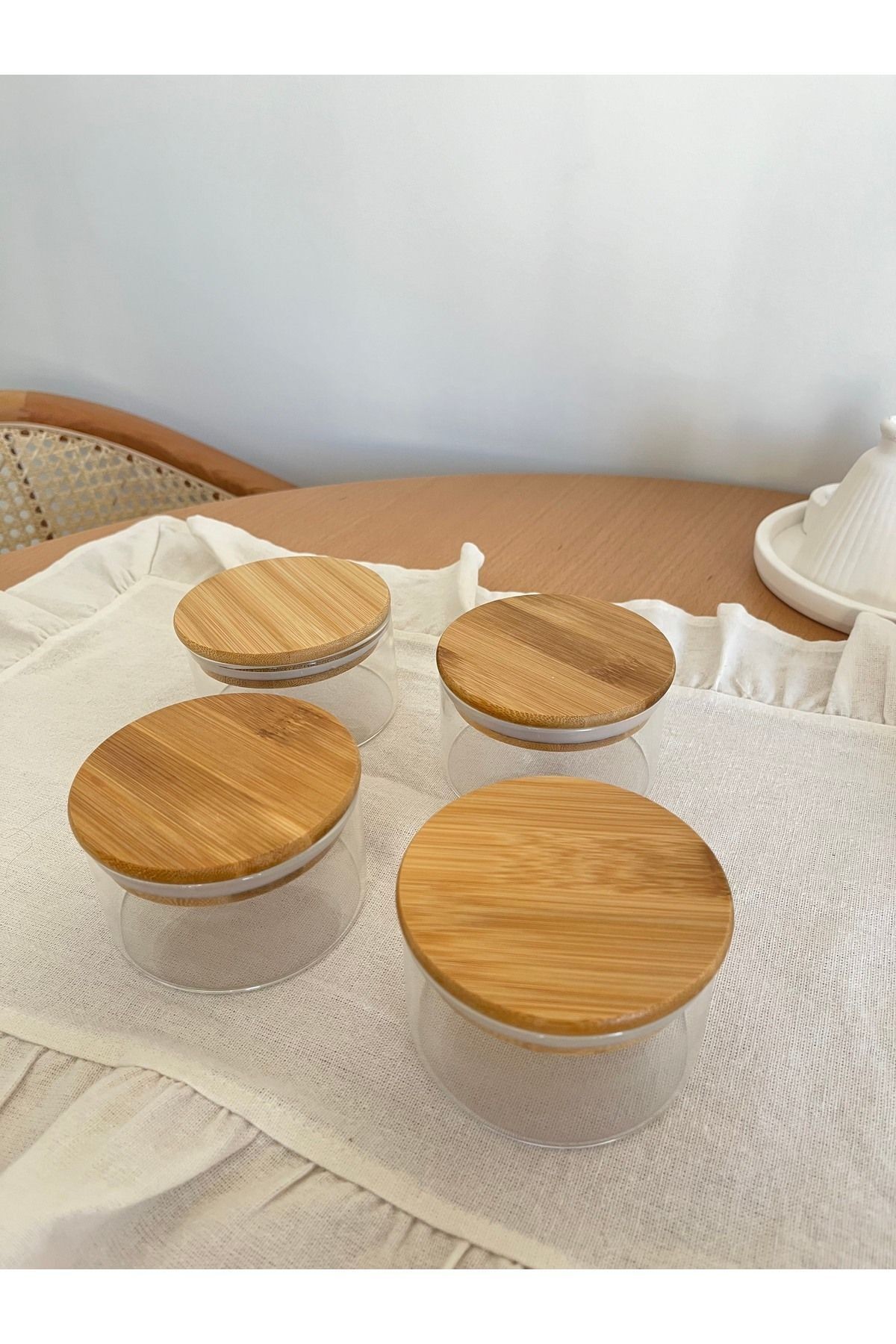 4 Adet Bambu Kapaklı Vakumlu Cam Kahvaltılık - 300 ml