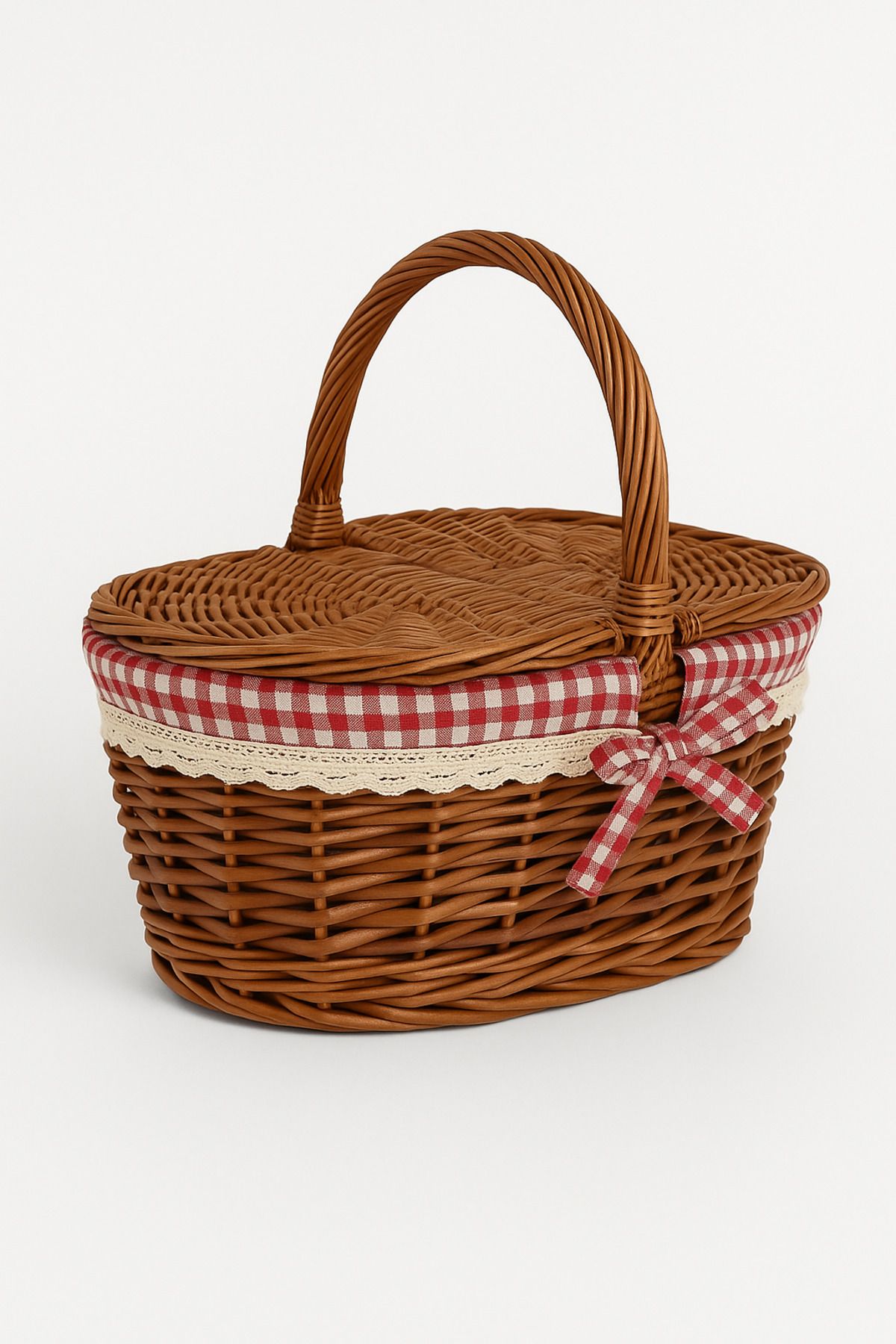 Kırmızı Kareli Kumaş Detaylı Hasır Piknik Sepeti – Kahverengi Kapaklı Rustik Tasarım