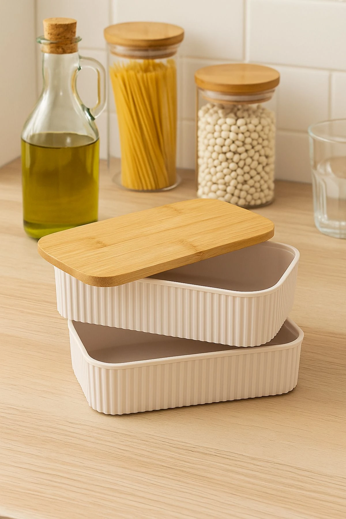 İkili Bambu Kapaklı Saklama Kabı – Taşınabilir Yemek Kabı Seti