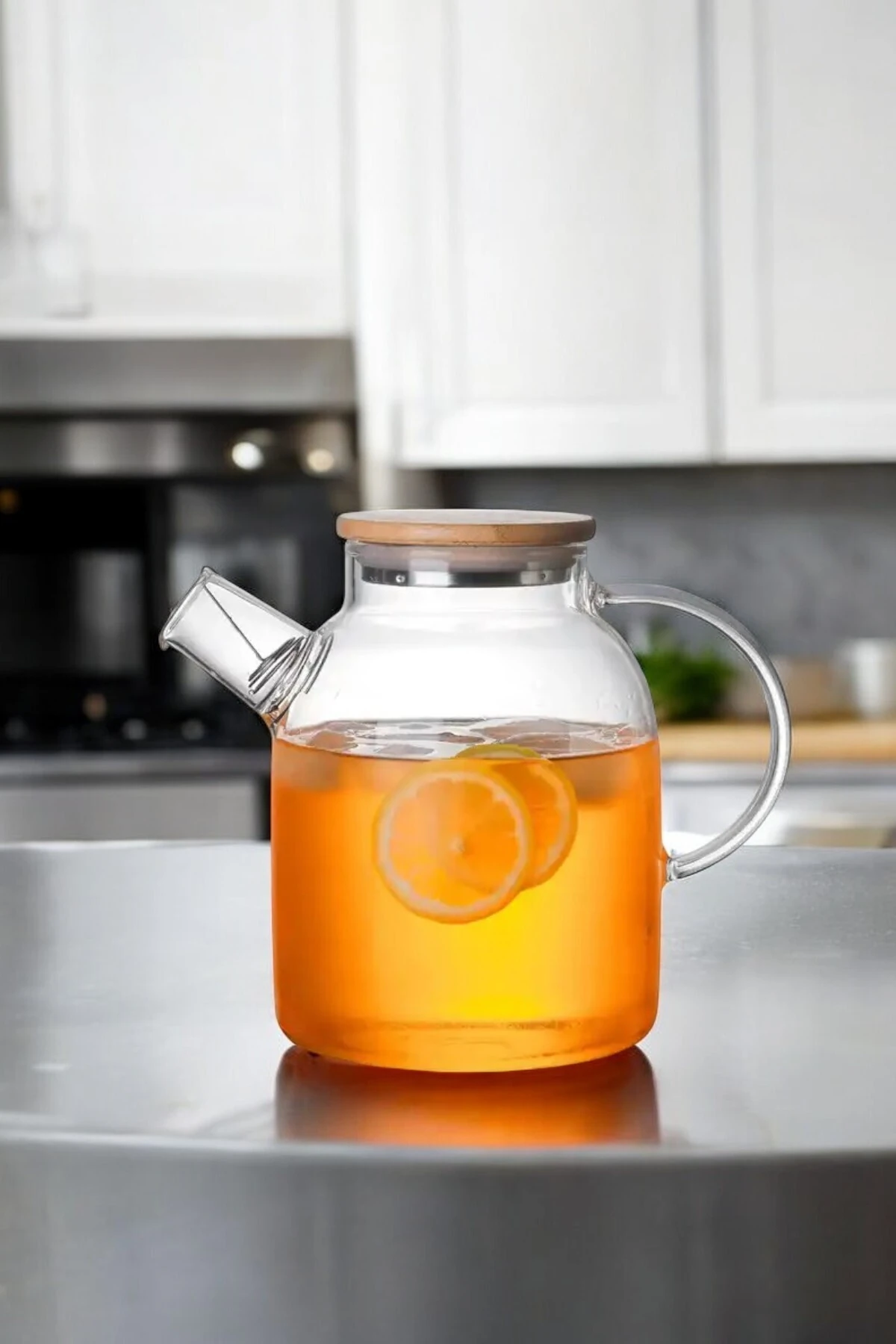 Ateşe Dayanıklı Bambu Kapaklı Süzgeçli Cam Bitki Çayı Demliği - 1500 ml