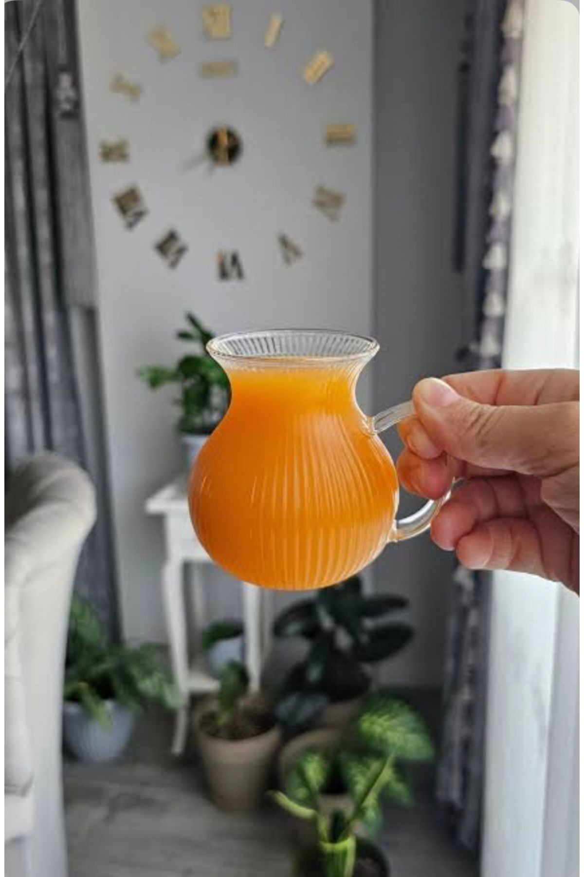 6'lı Keyfi Ala Çizgili Borosilikat Cam Kulplu Çay Bardağı 220ml Bardak