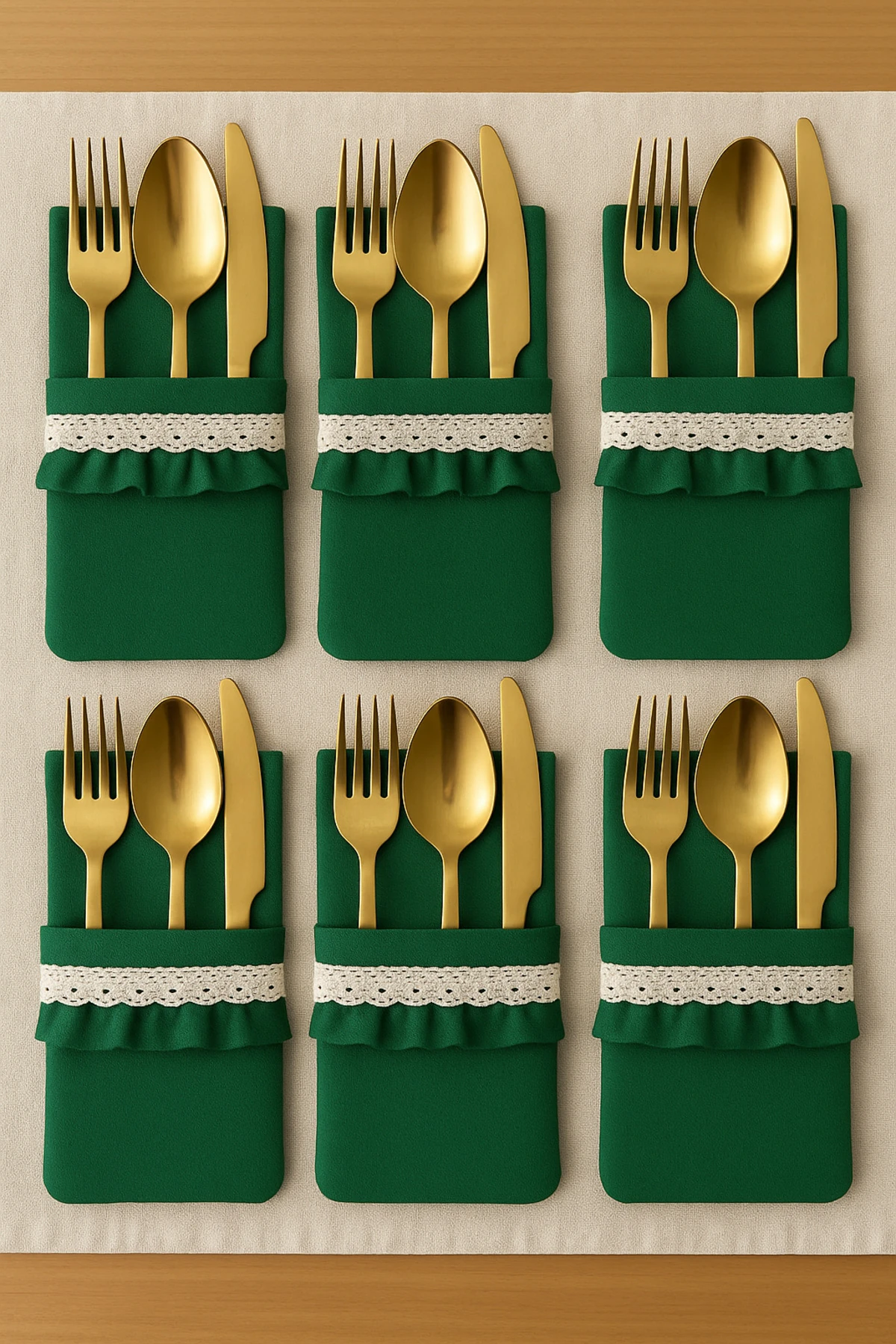 6'lı Yeşil Keten Sofra Kaşıklık - Keten Çatal Kaşık Bıçaklık - Sunum Kaşıklığı - Keten Kaşıklık