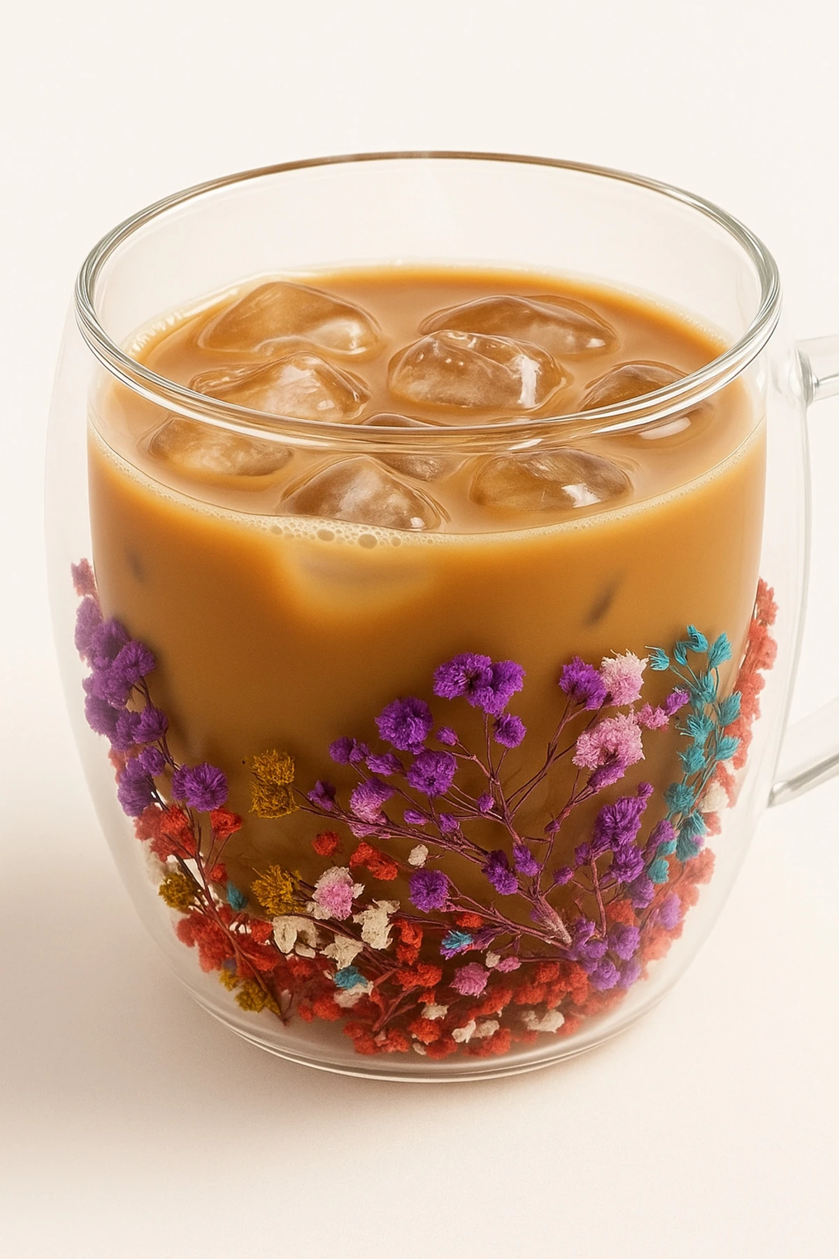 Çift Cidarlı 250 ml Kulplu Cam Kupa 2'li | Çiçekli Şeffaf Kahve ve Çay Bardağı