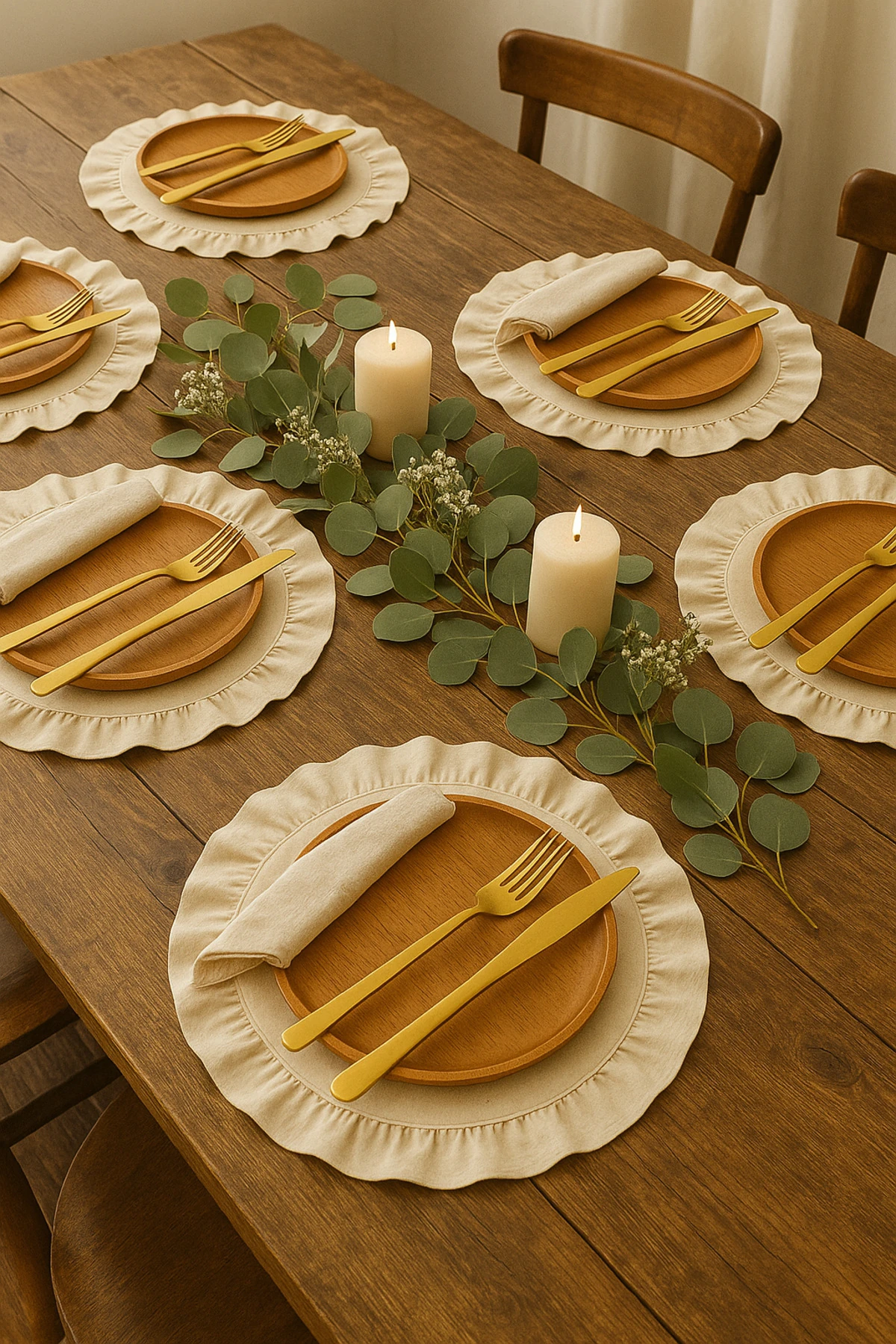 2'li Elite Ham Keten Fırfırlı Amerikan Servis ve Supla Seti