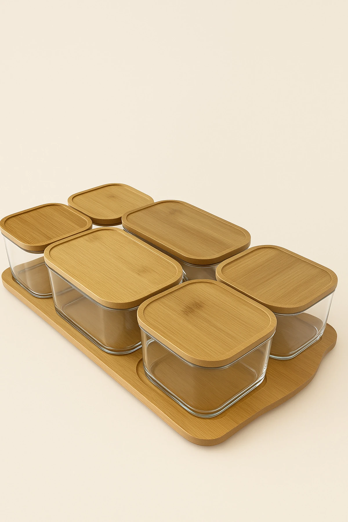 Bambu Kapaklı 6’lı Cam Kahvaltılık Seti | Bambu Standlı Servis Seti