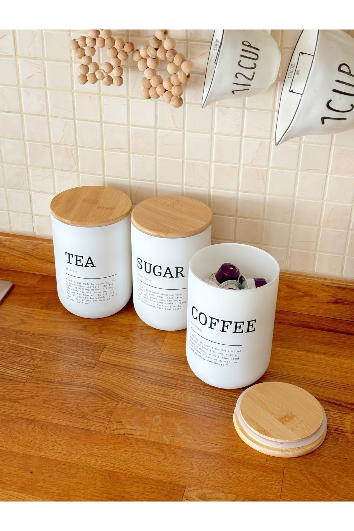 Bambu Kapaklı Cam Saklama Kavanozları - Çay Kahve Şeker Kavanozu