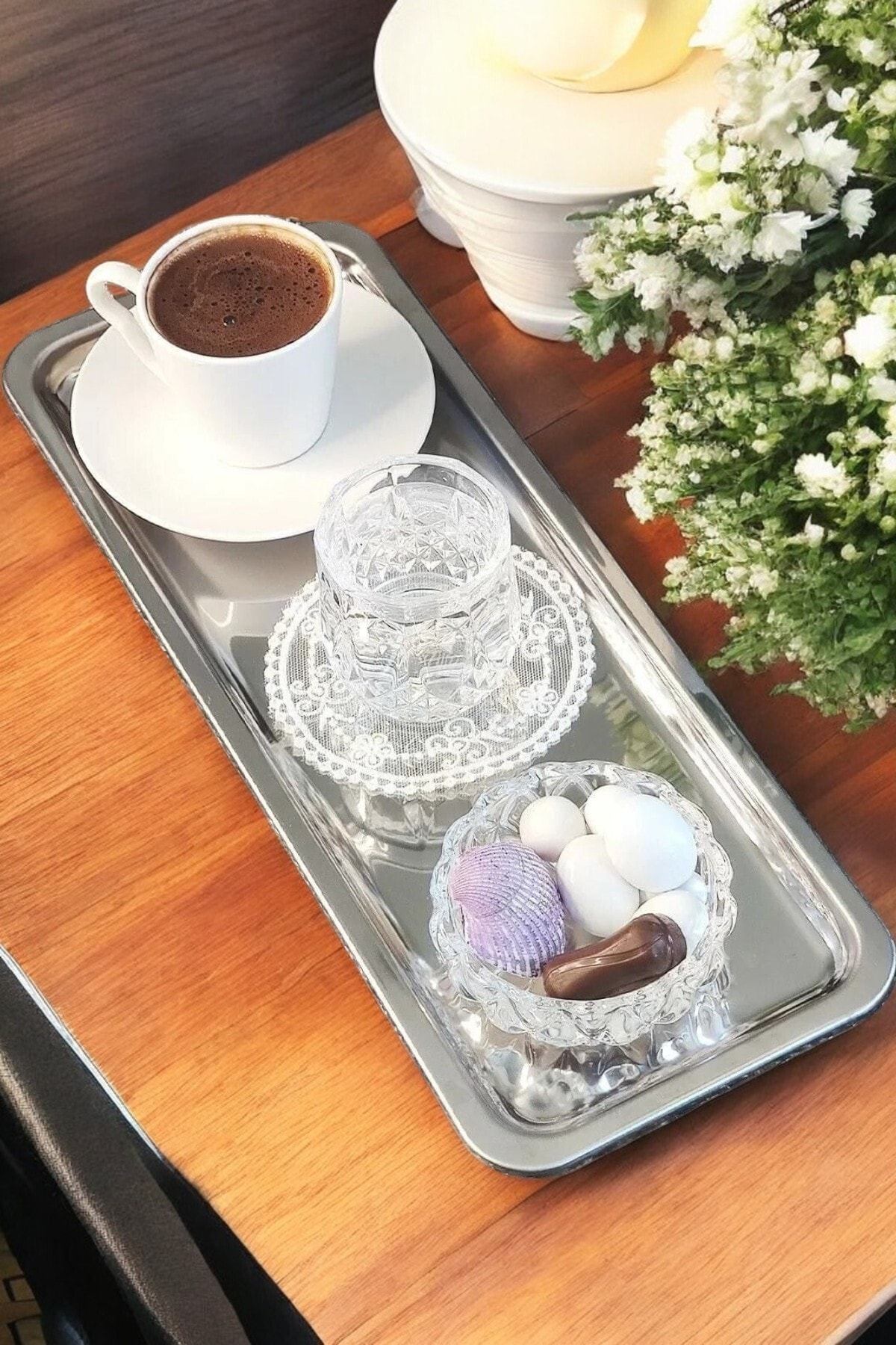 6'lı Lüx Dikdörtgen Paslanmaz Çelik Kahve Çay İkram ve Sunum Tepsisi Gümüş Renk 33x13 cm