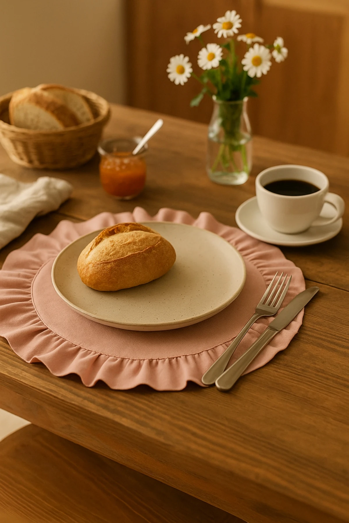 6'lı Kırmızı Fırfırlı Pamuk Keten Supla Seti | Amerikan Servis Takımı - pembe