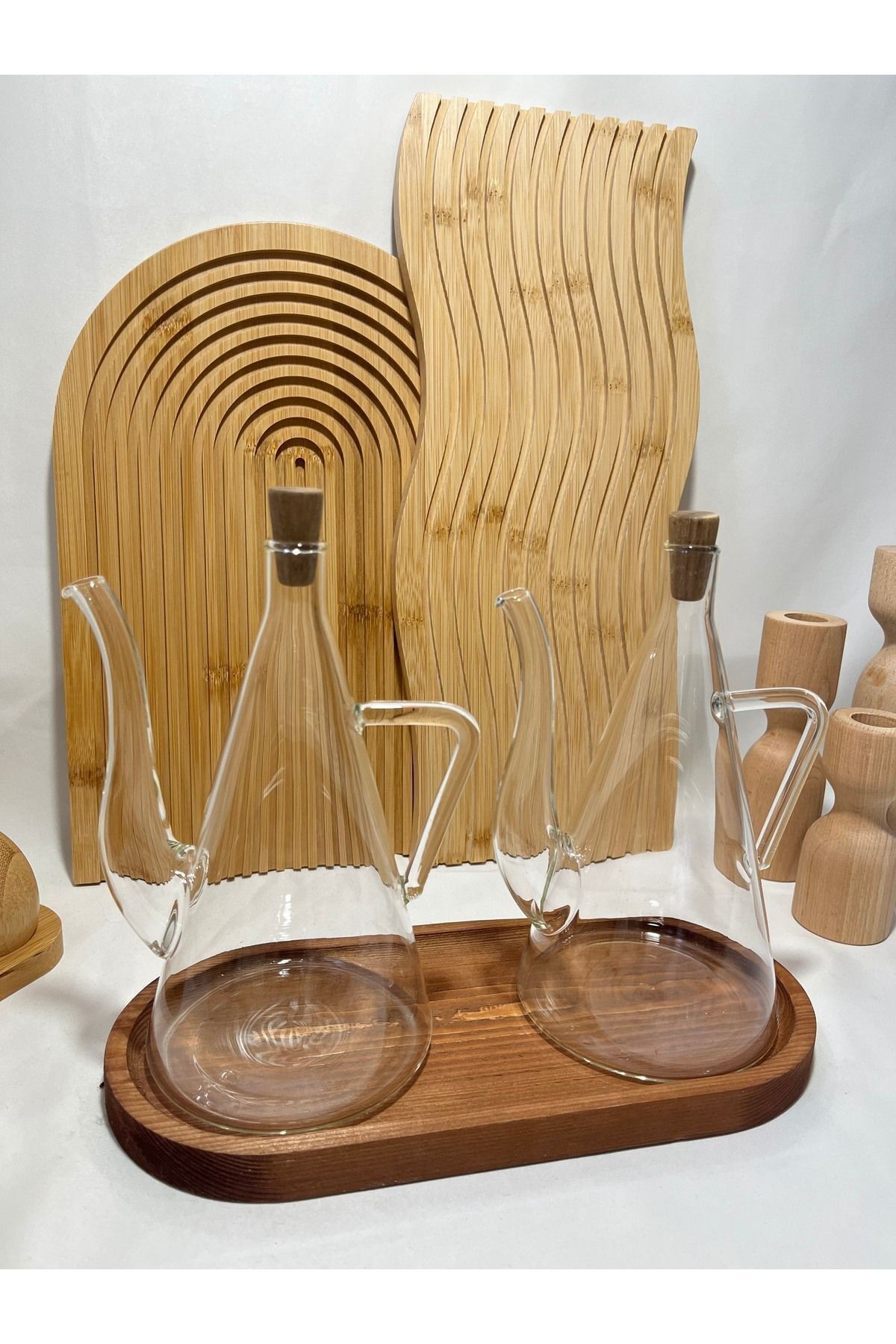 3 Parça Cam Yağdanlık Seti - 2 X 500 ml Yağdanlık Ahşap Altlık