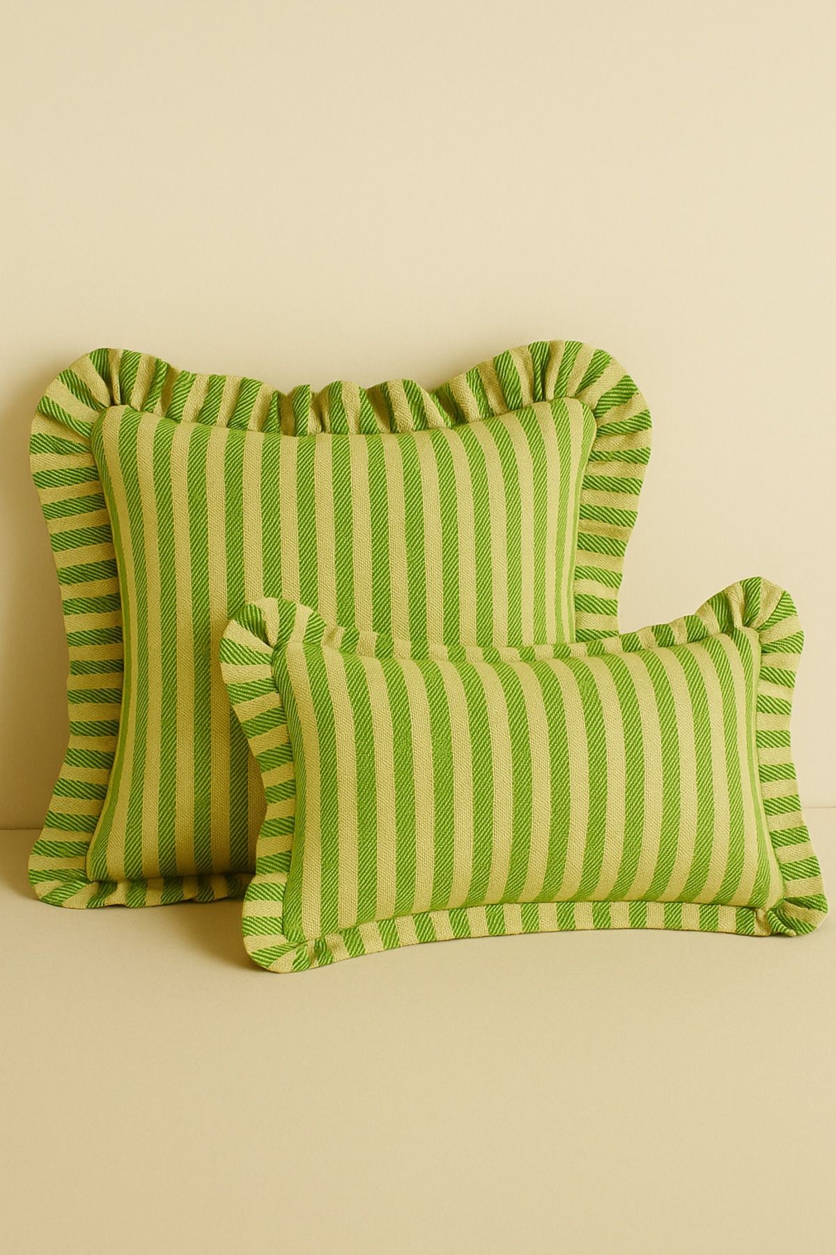 2’li Çizgili Fırfırlı Keten Kırlent Kılıfı Seti – 43x43 ve 50x30 cm