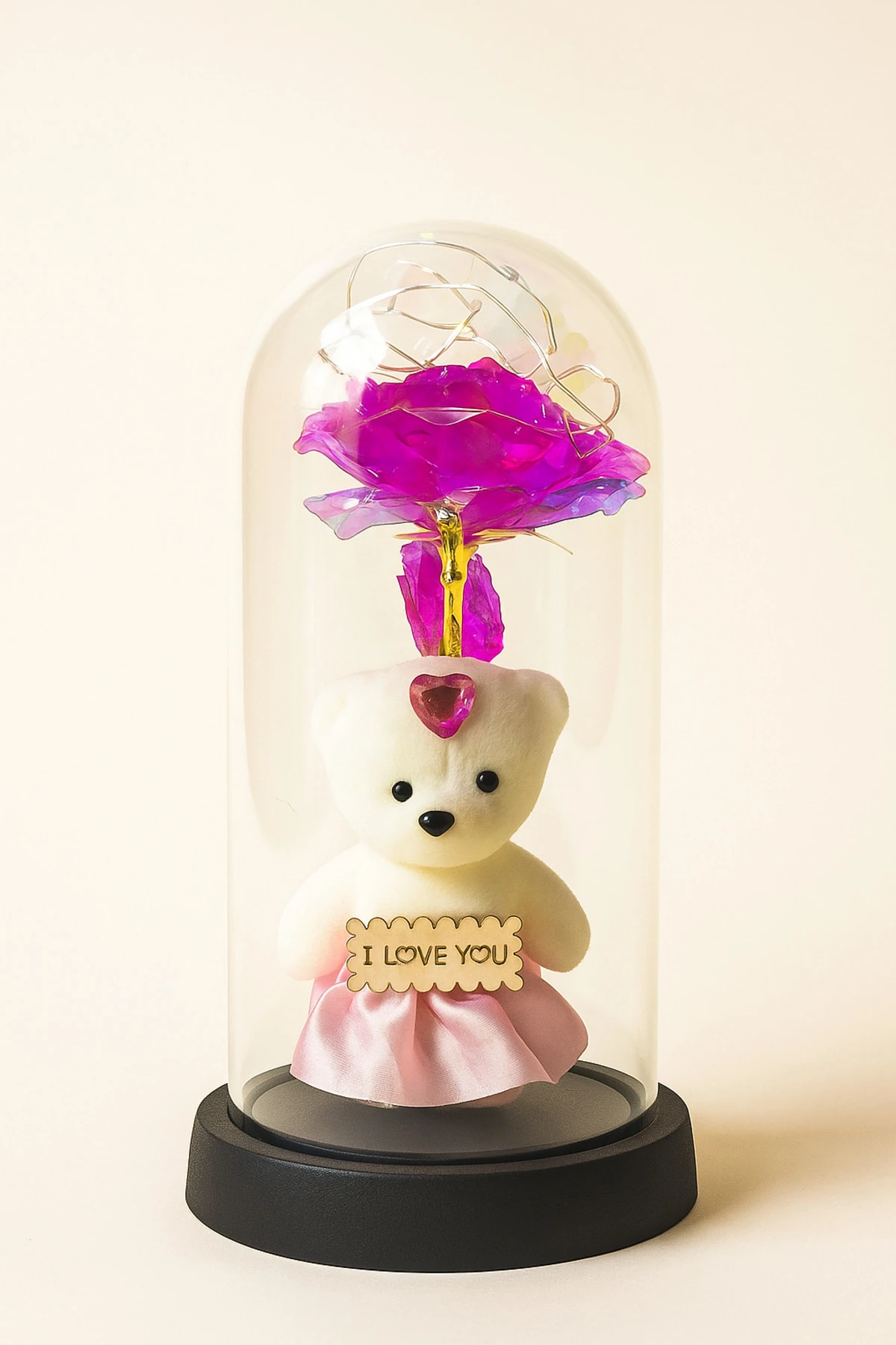 Işıklı Gül ve Ayıcık Cam Fanus – Romantik Hediyelik Dekoratif Gece Lambası