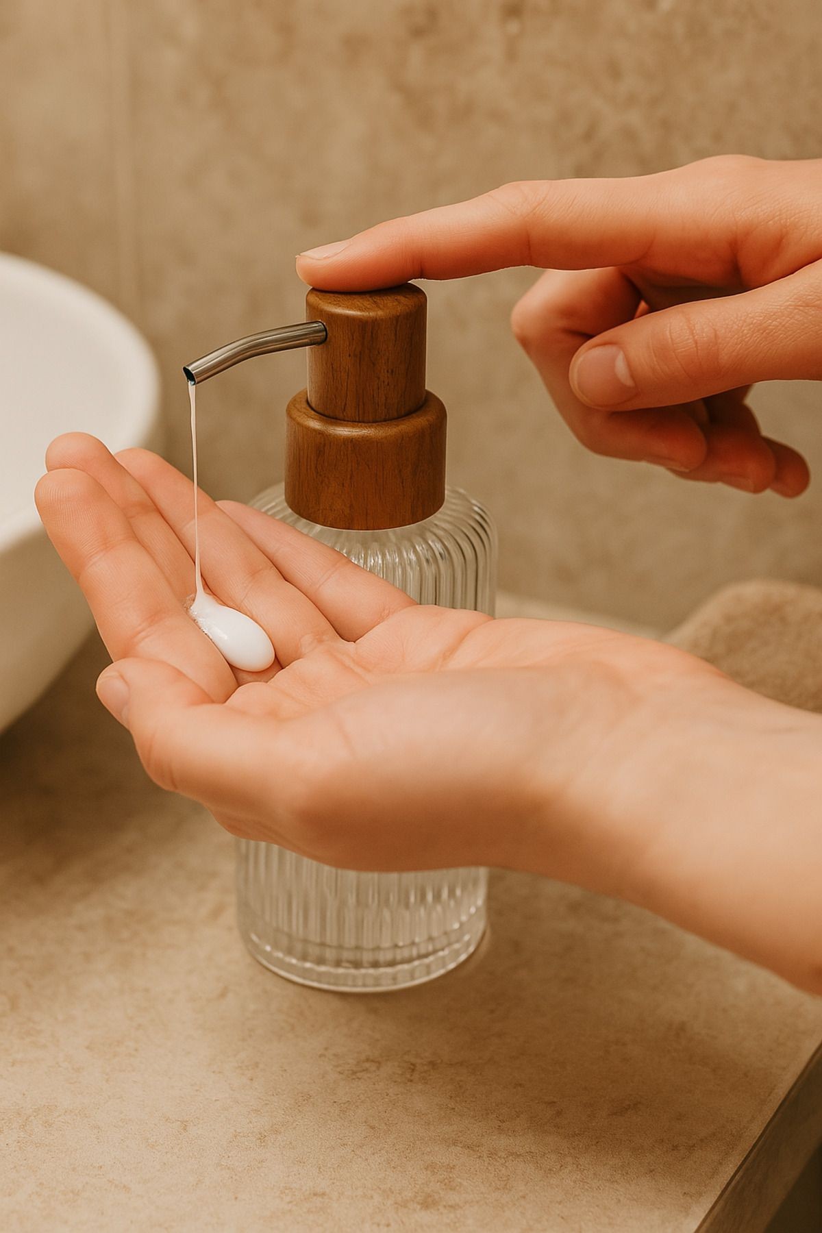 Akasya Kapaklı Cam Sıvı Sabunluk – Şık Banyo ve Mutfak Sabunluk