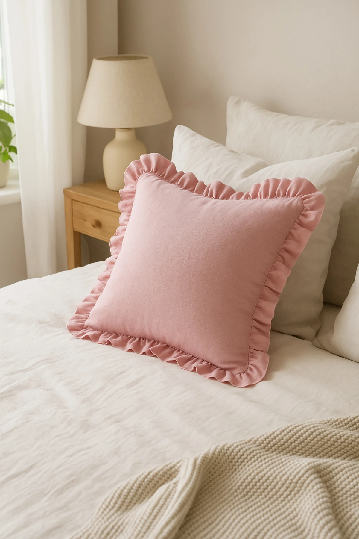 Pembe Ham Keten Fırfırlı Vintage Kırlent Kılıfı 43x43 cm - Pembe Kırlent