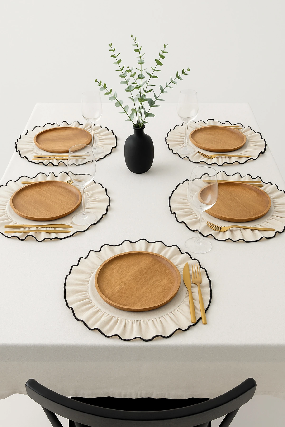 6'lı Fırfırlı Amerikan Servis - Biyeli Kumaş Supla - Dekoratif Masa Altlığı