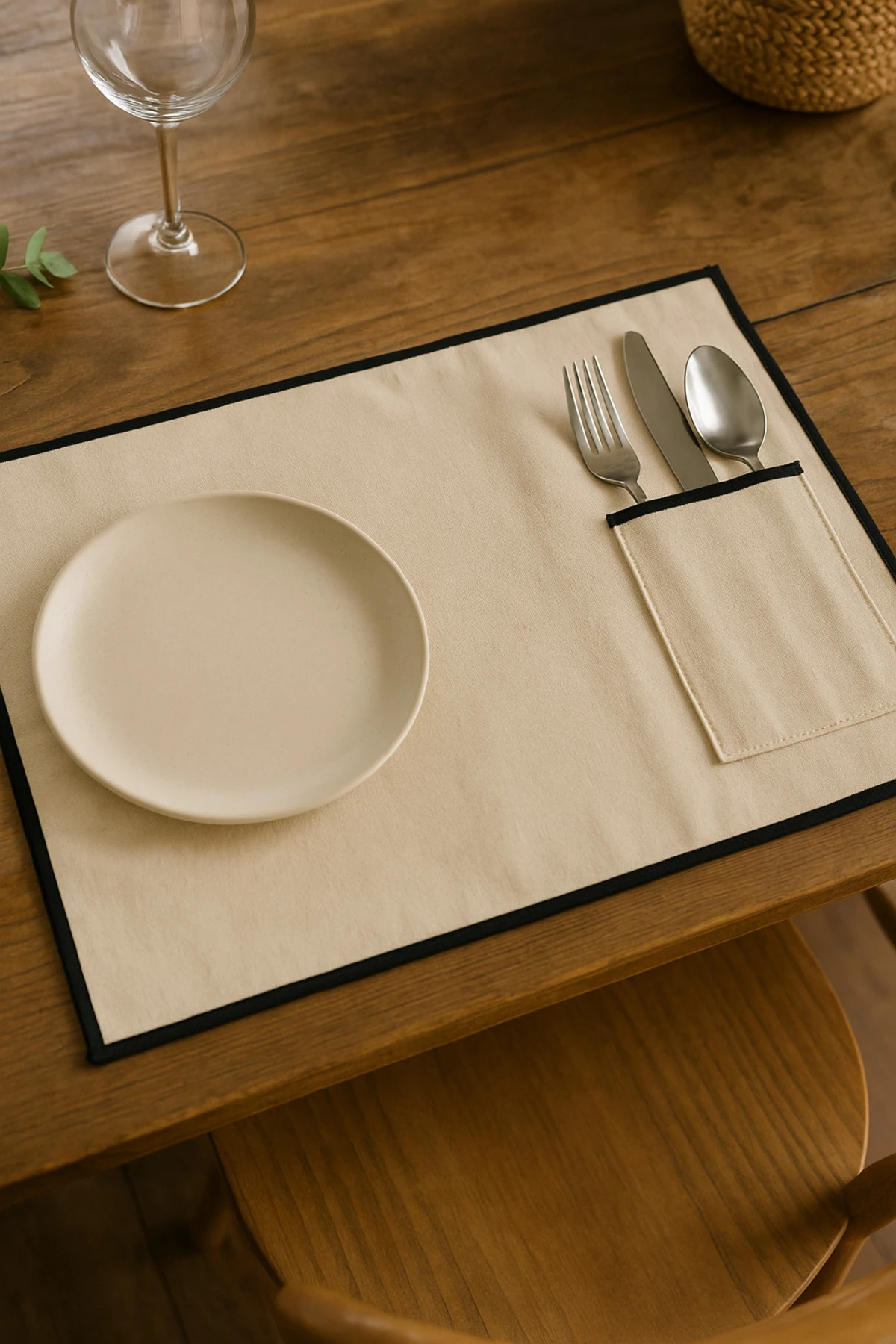6'lı Bej Ham Keten Siyah Biyeli Amerikan Servis Seti | Cep Detaylı Şık Sofra Altlığı