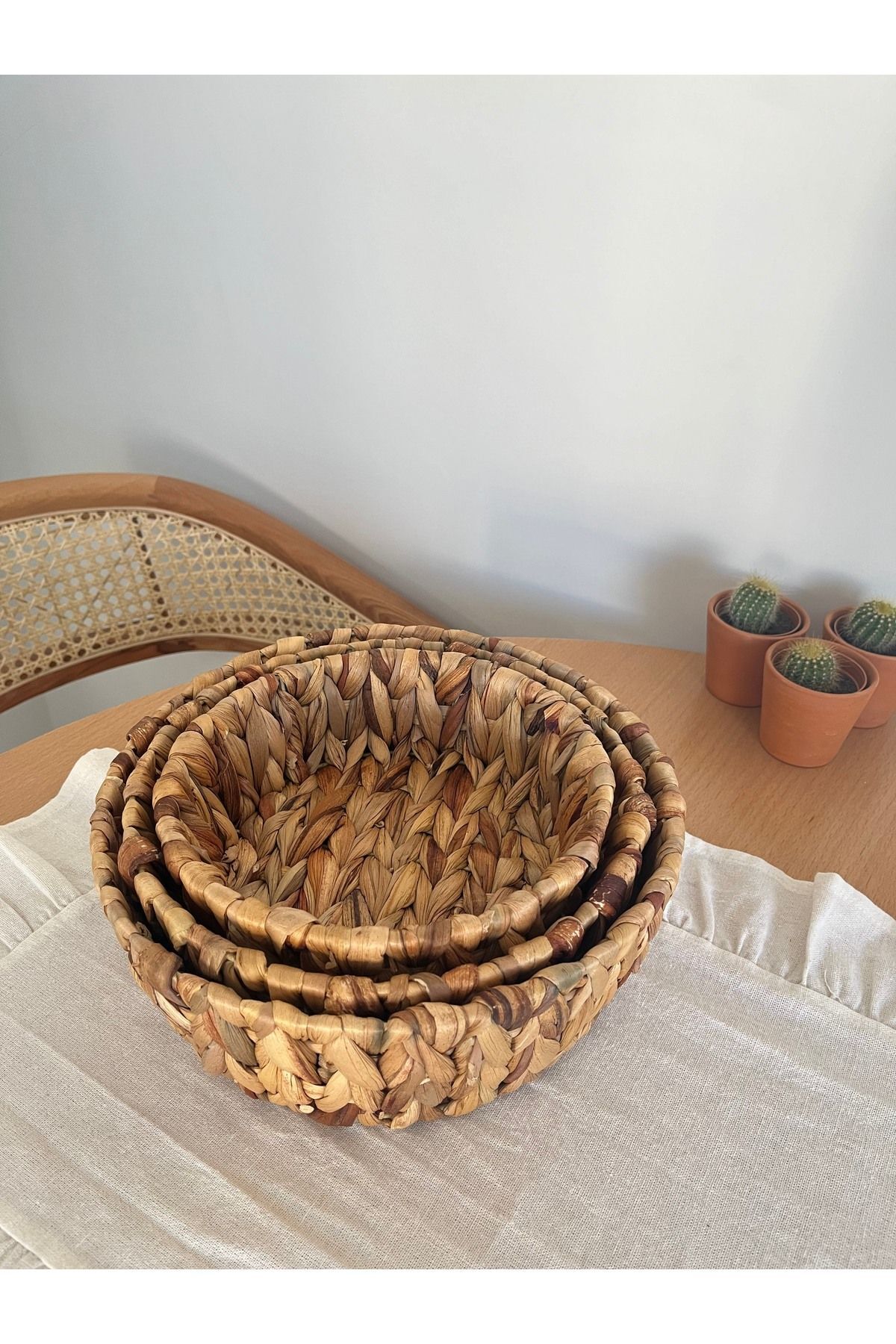 El Örgüsü Doğal Hasır Sepet Seti - 3'lü Yuvarlak