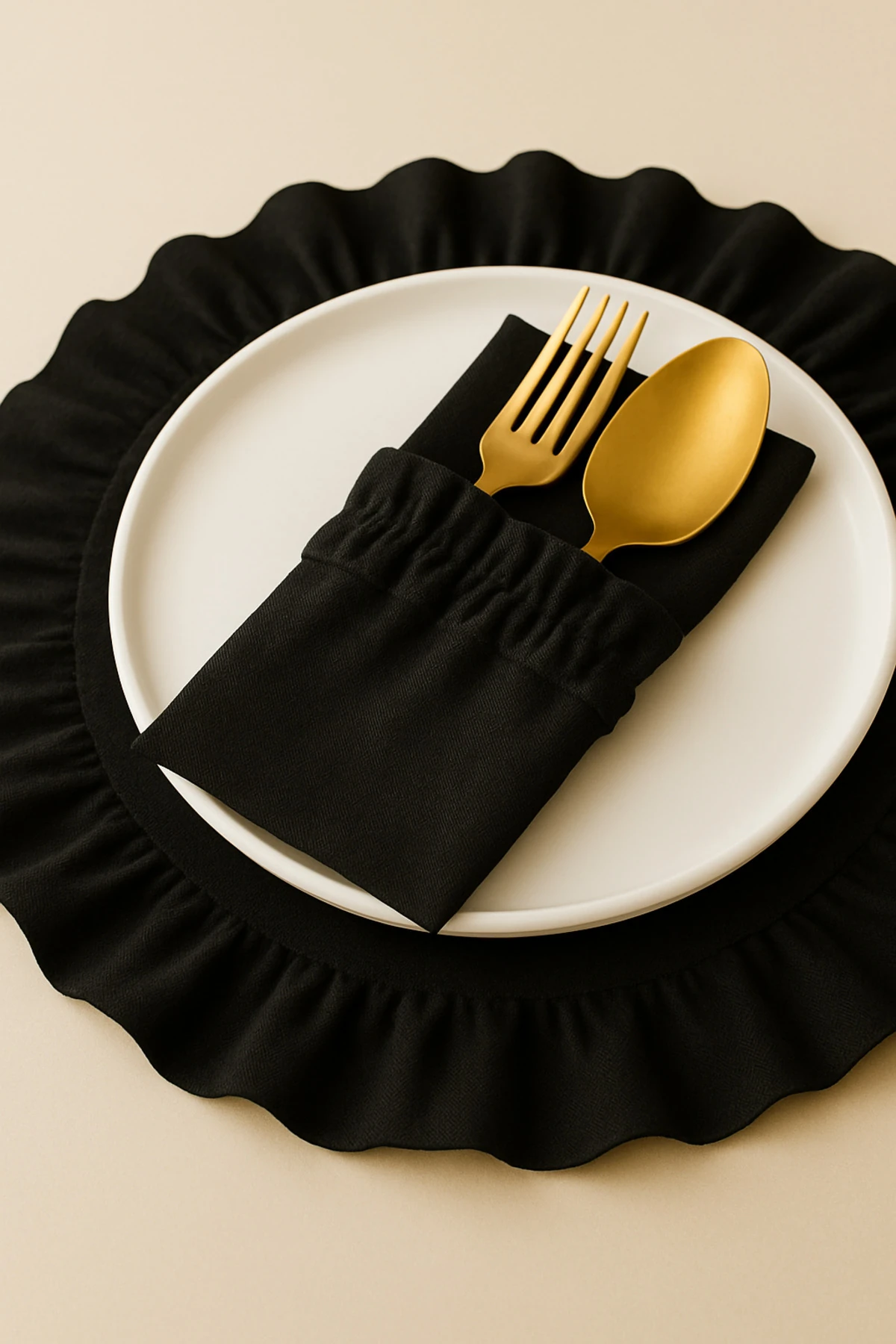 2 Adet Fırfırlı Ham Keten Kaşıklık / Peçetelik – Çatal Kaşık Kılıfı - Siyah